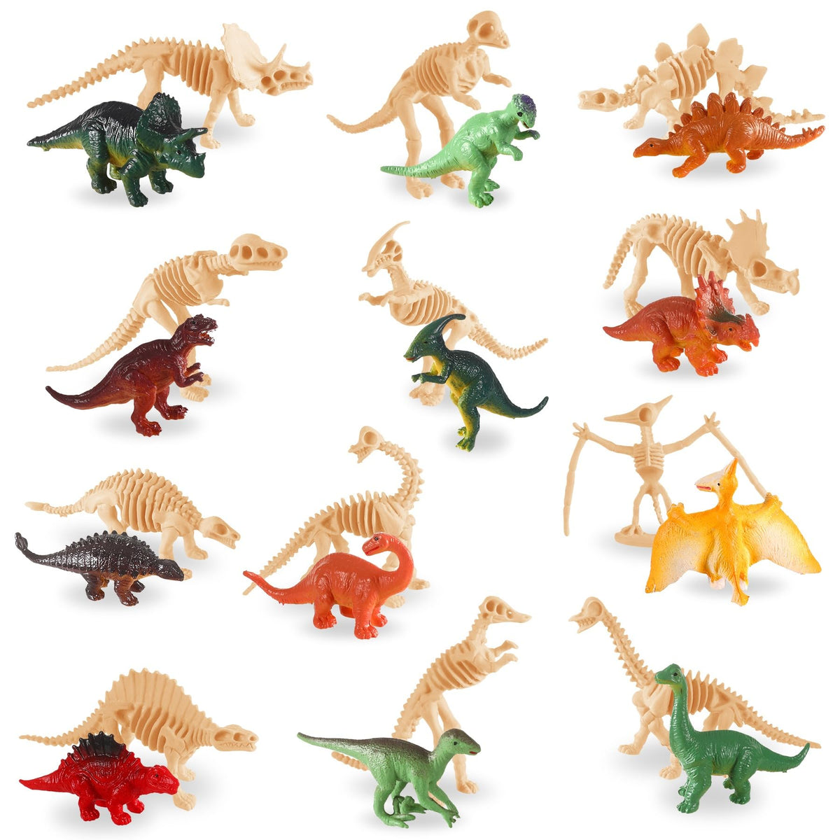 UPINS 24pcs Mini Dinosaur Figures & Skeletons – Educational Dino Set with Storage Box