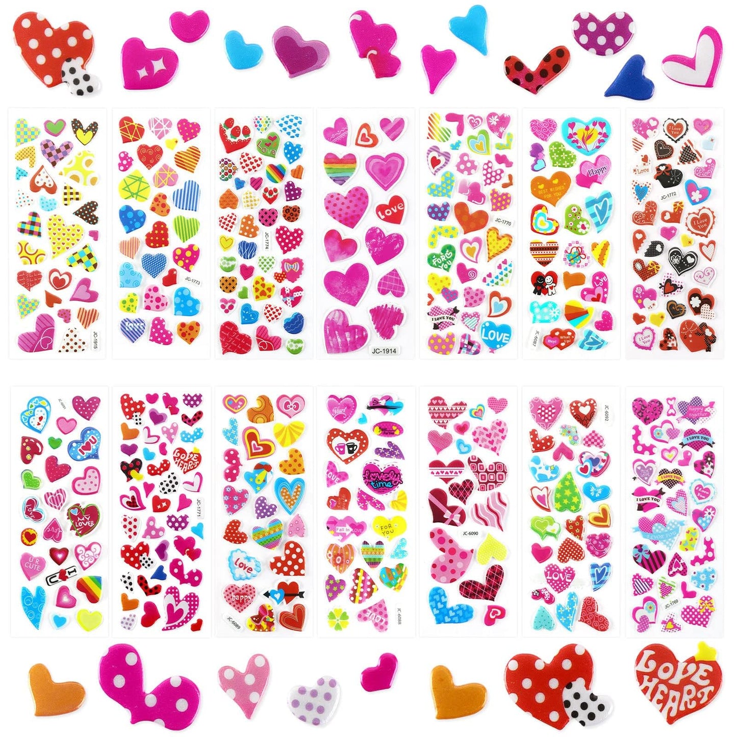 UPINS Valentine Stickers – 14 Sheets, 500+ Heart Stickers for Kids | Glitter 3D Puffy Crafts