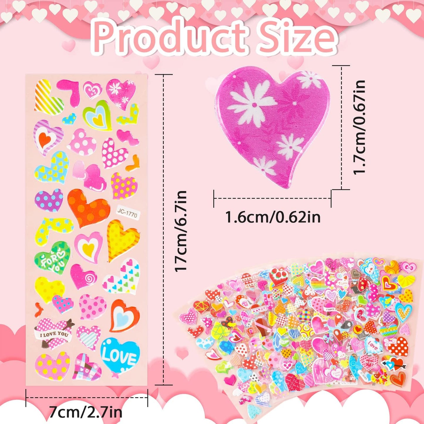 UPINS Valentine Stickers – 14 Sheets, 500+ Heart Stickers for Kids | Glitter 3D Puffy Crafts