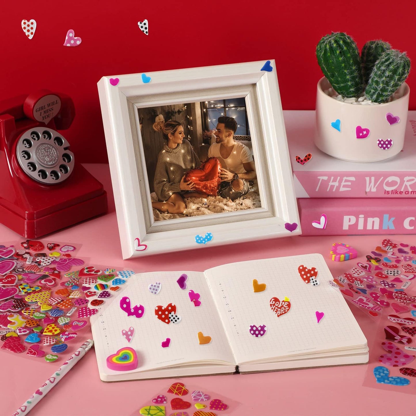 UPINS Valentine Stickers – 14 Sheets, 500+ Heart Stickers for Kids | Glitter 3D Puffy Crafts