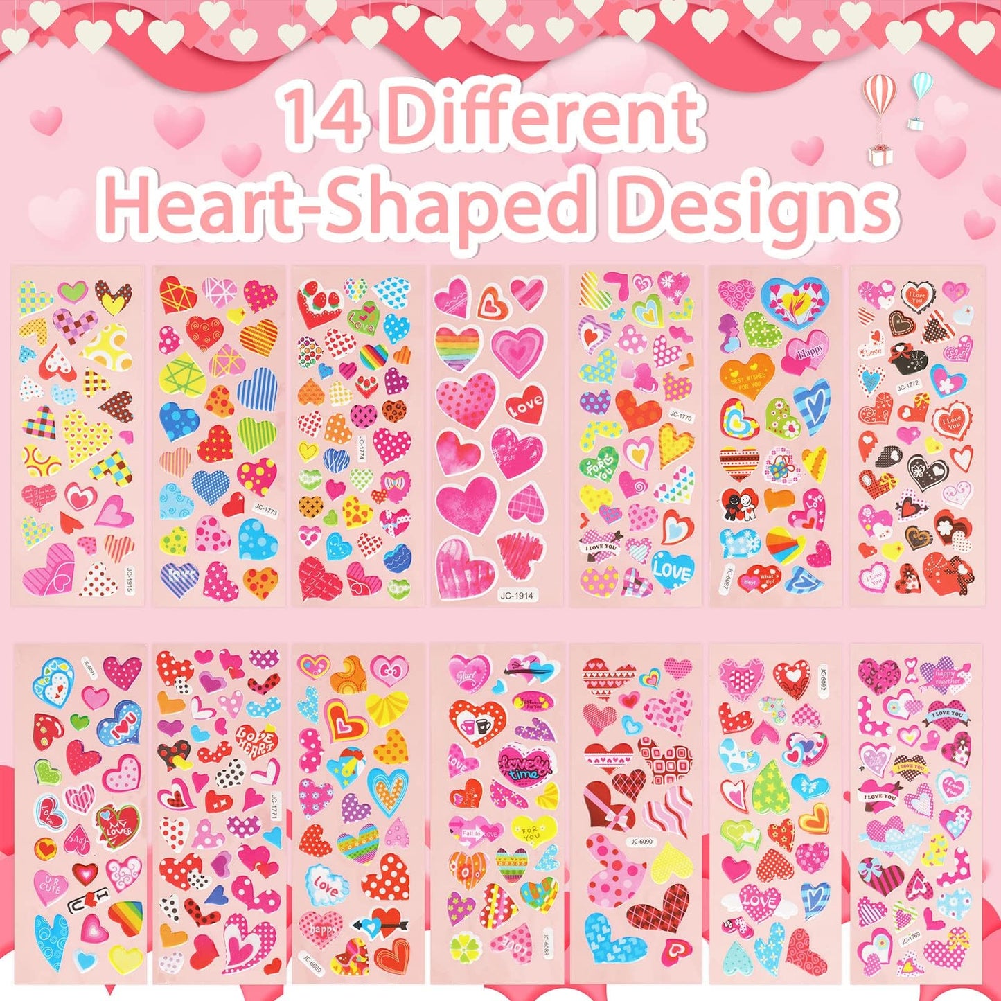 UPINS Valentine Stickers – 14 Sheets, 500+ Heart Stickers for Kids | Glitter 3D Puffy Crafts