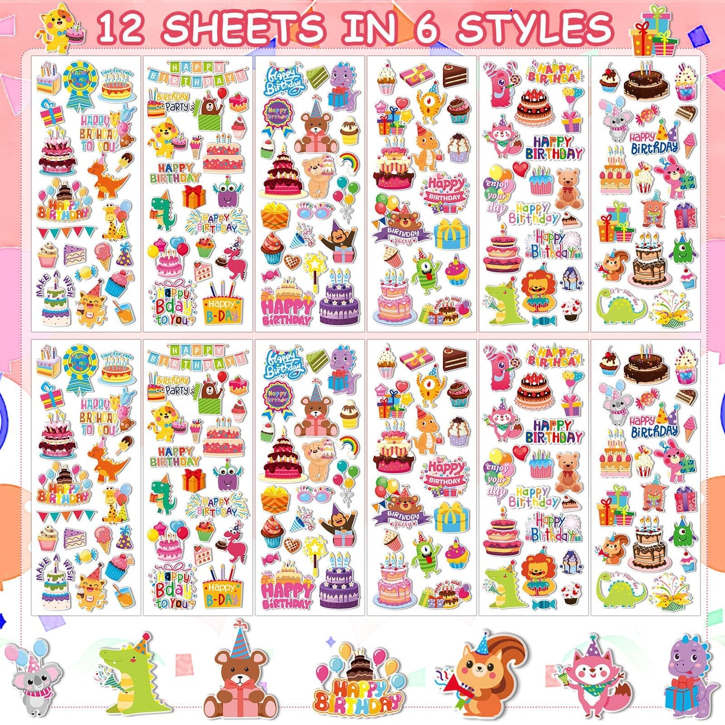 UPINS 12 Sheets Happy Birthday Stickers for Kids — 3D Puffy Foam Decals