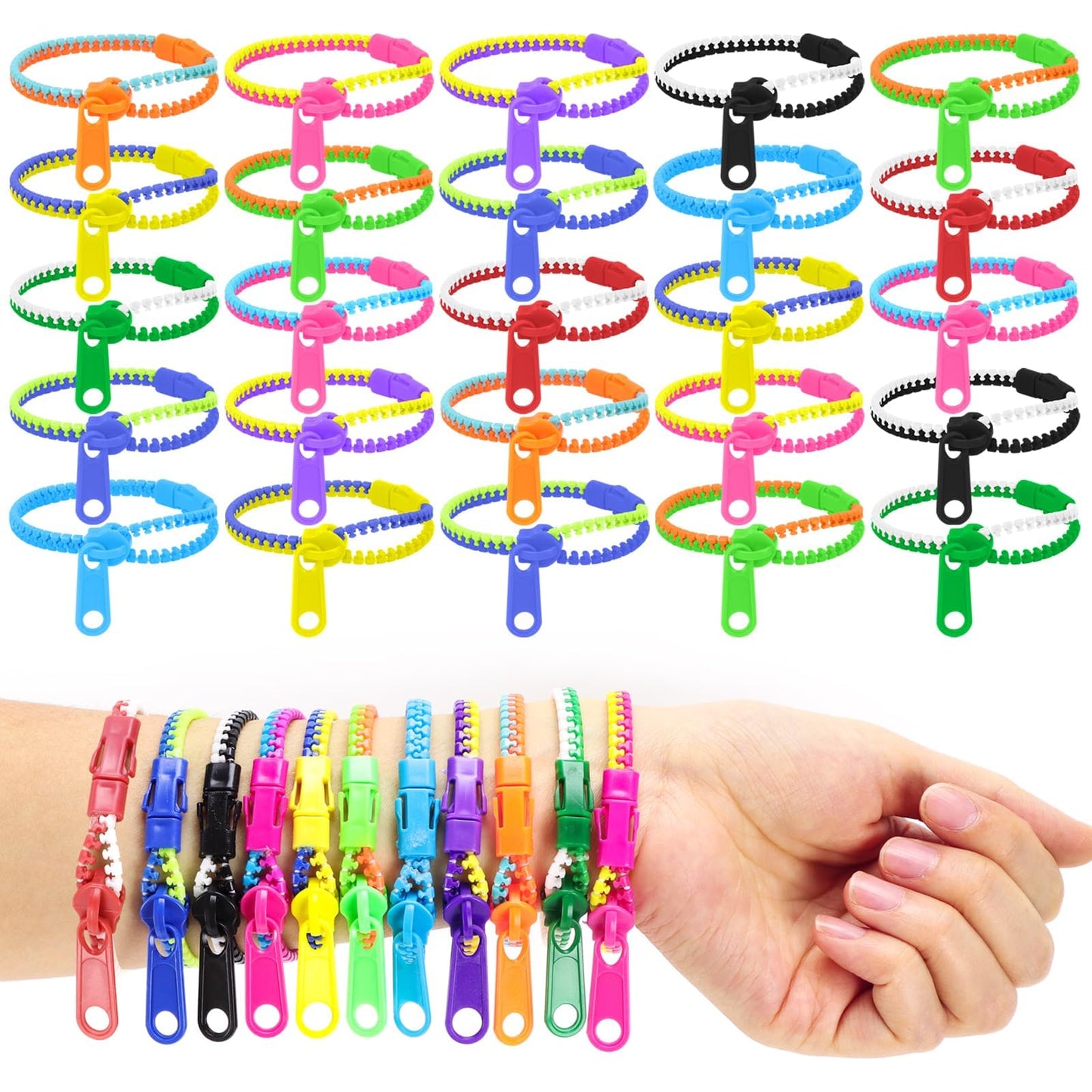 UPlama 50 PCS Zipper Fidget Bracelets – Neon Sensory Bracelet Bulk Set