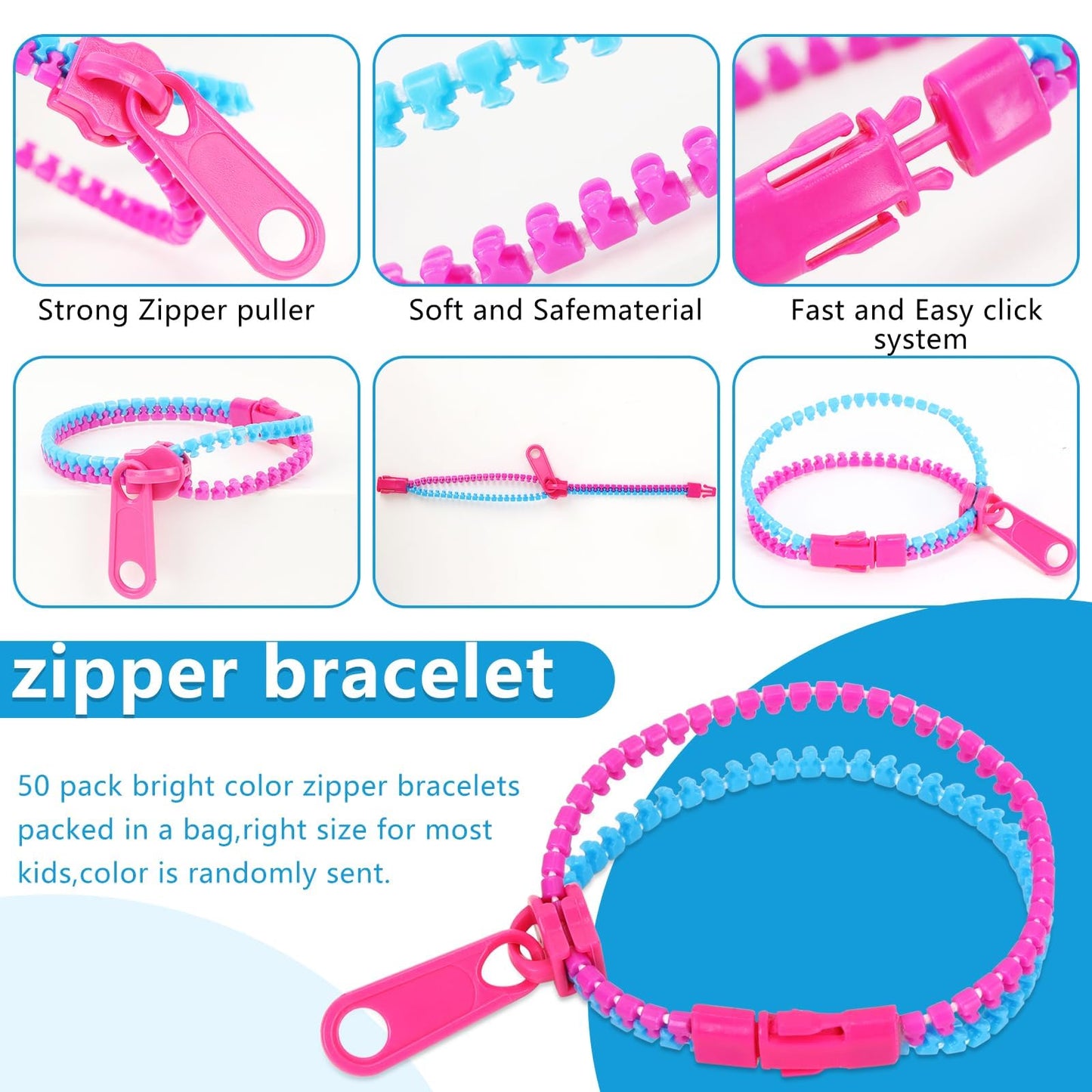 UPlama 50 PCS Zipper Fidget Bracelets – Neon Sensory Bracelet Bulk Set