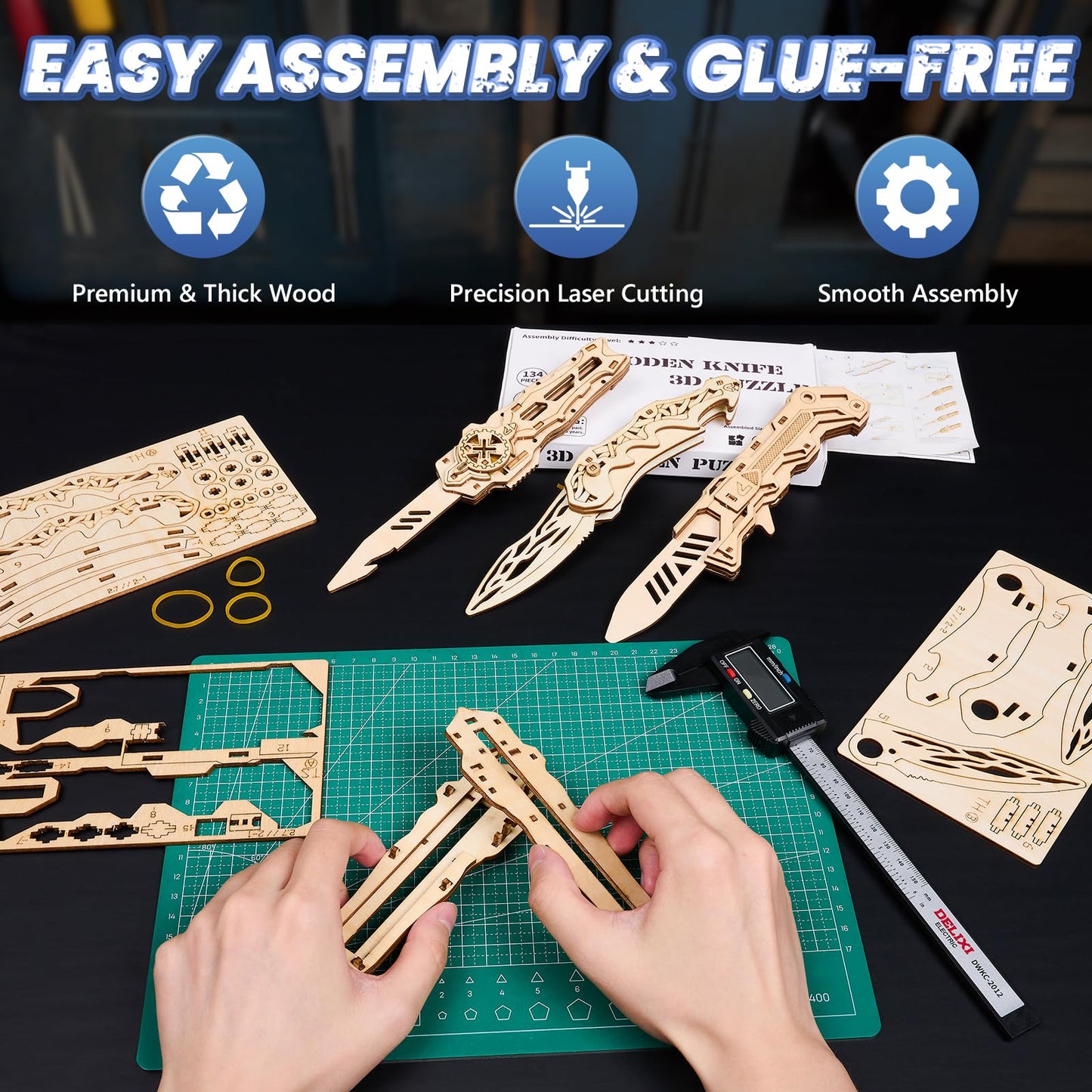 UPLIKE 3D Wooden Puzzle Knife Kit – 3-in-1 DIY Mechanical Puzzle for Adults, 134-Piece