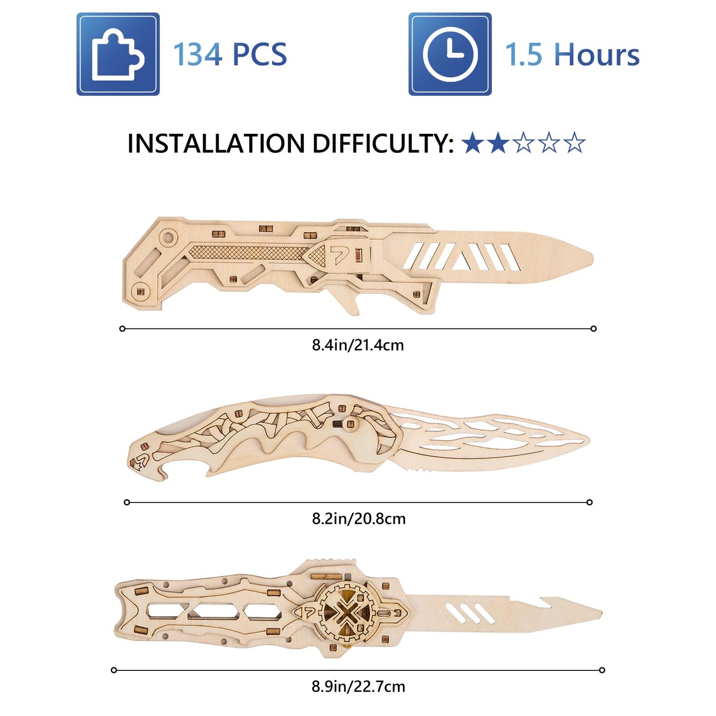 UPLIKE 3D Wooden Puzzle Knife Kit – 3-in-1 DIY Mechanical Puzzle for Adults, 134-Piece