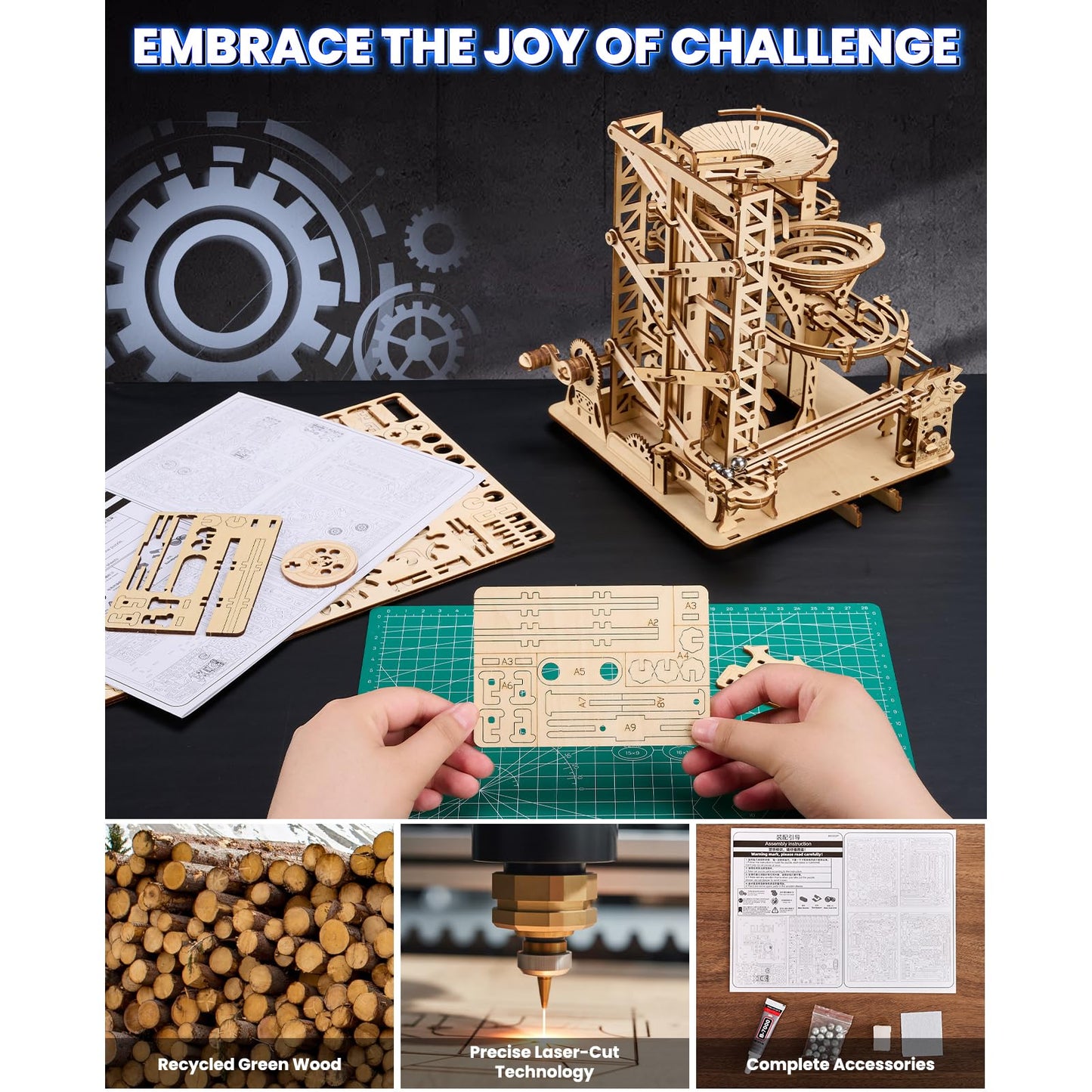 UPLIKE 3D Wooden Puzzle for Adults — 330-Piece Marble Run Roller Coaster Kit