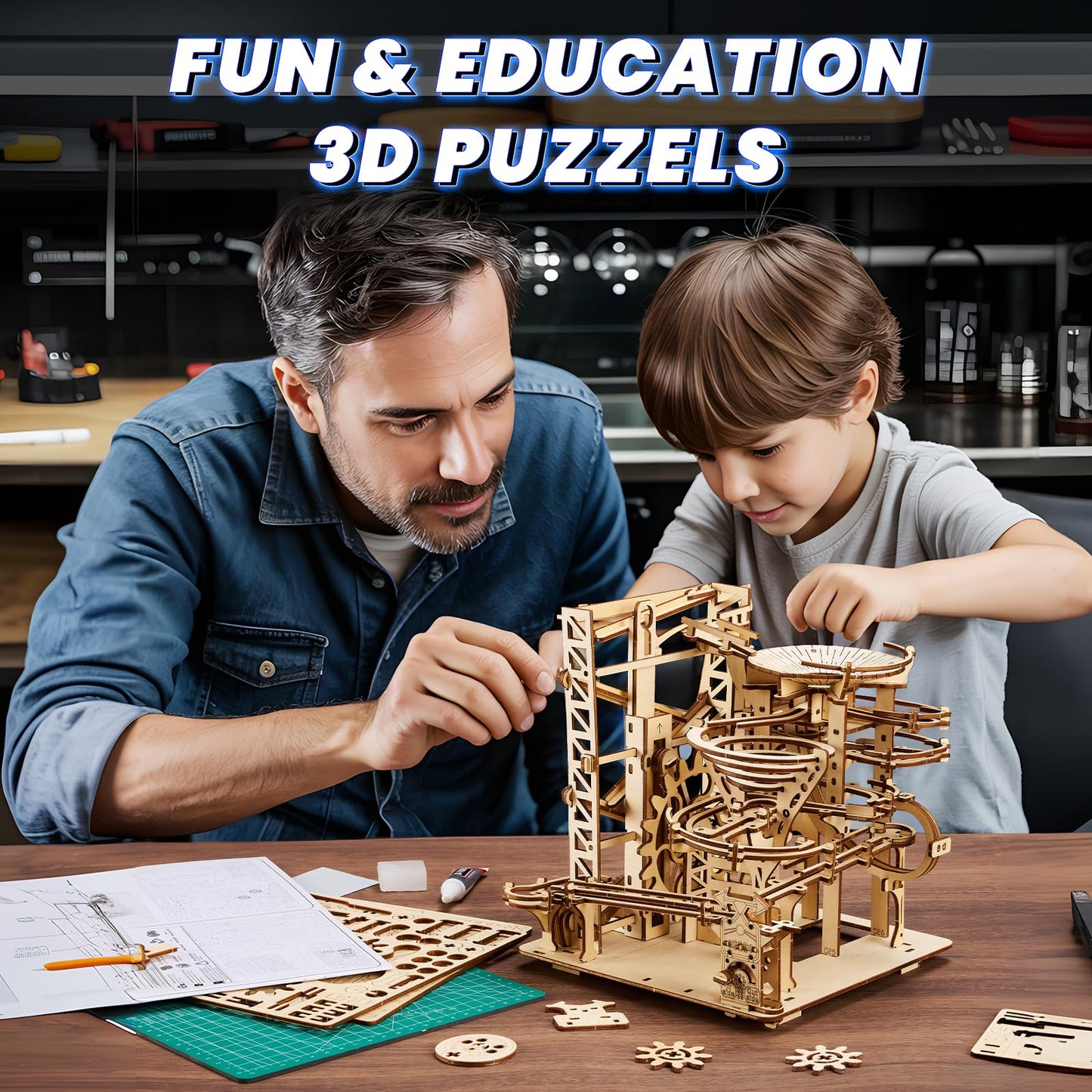 UPLIKE 3D Wooden Puzzle for Adults — 330-Piece Marble Run Roller Coaster Kit
