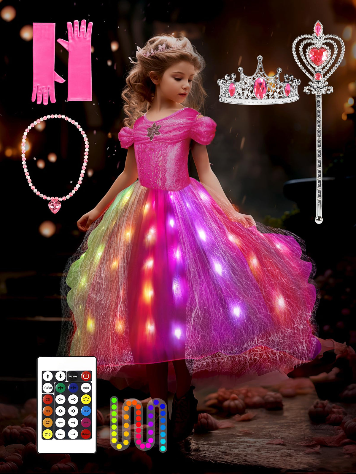 UPORPOR Princess Dress Up for Girls – Music-Sync LED Light-Up Costume with 4 Accessories