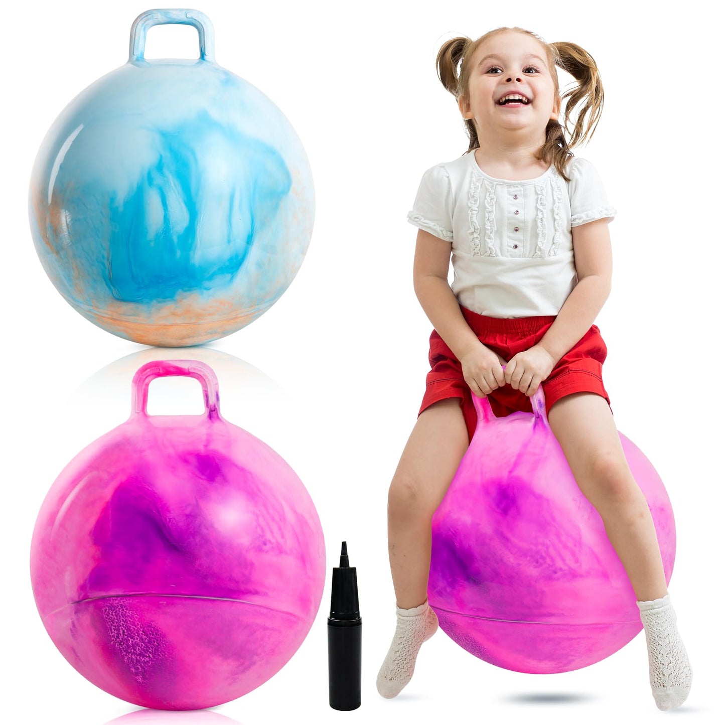 Upper Rider 18-Inch Hopper Ball Set (2-Pack) – Handle, Pump, Blue & Pink