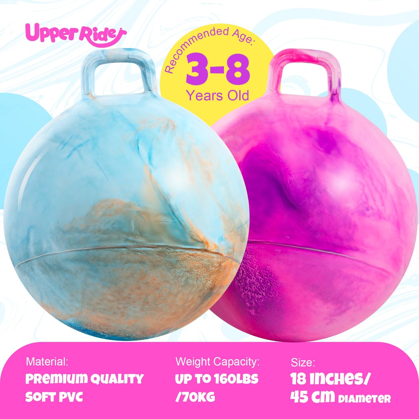 Upper Rider 18-Inch Hopper Ball Set (2-Pack) – Handle, Pump, Blue & Pink