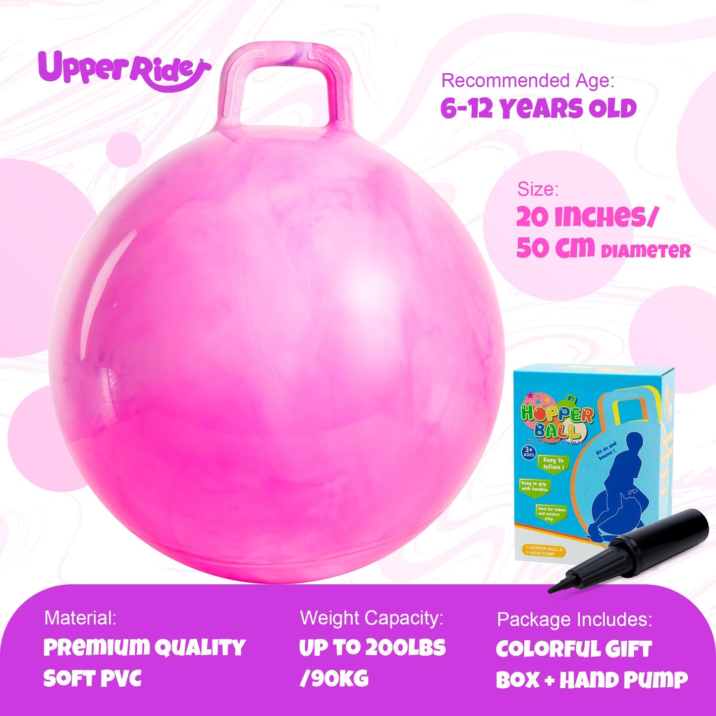 Upper Rider 20-Inch Clouds Hopper Ball for Kids 6-12 — Purple Pink with Pump & Gift Box