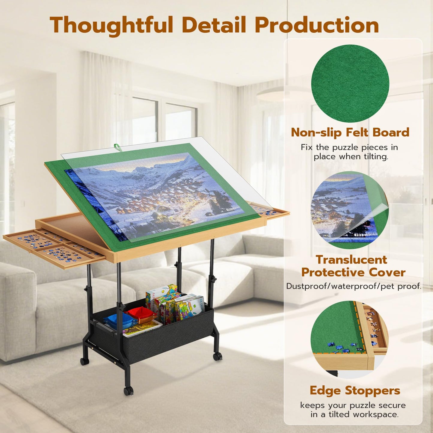 Upvercy 4-in-1 Adjustable Puzzle Table - Tilting, Rolling & Storage (34x26)