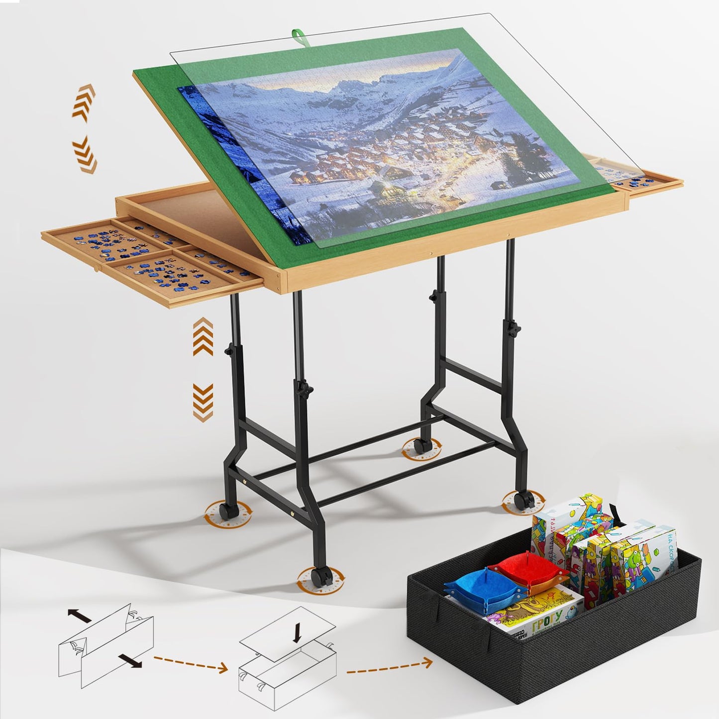 Upvercy 4-in-1 Adjustable Puzzle Table - Tilting, Rolling & Storage (34x26)