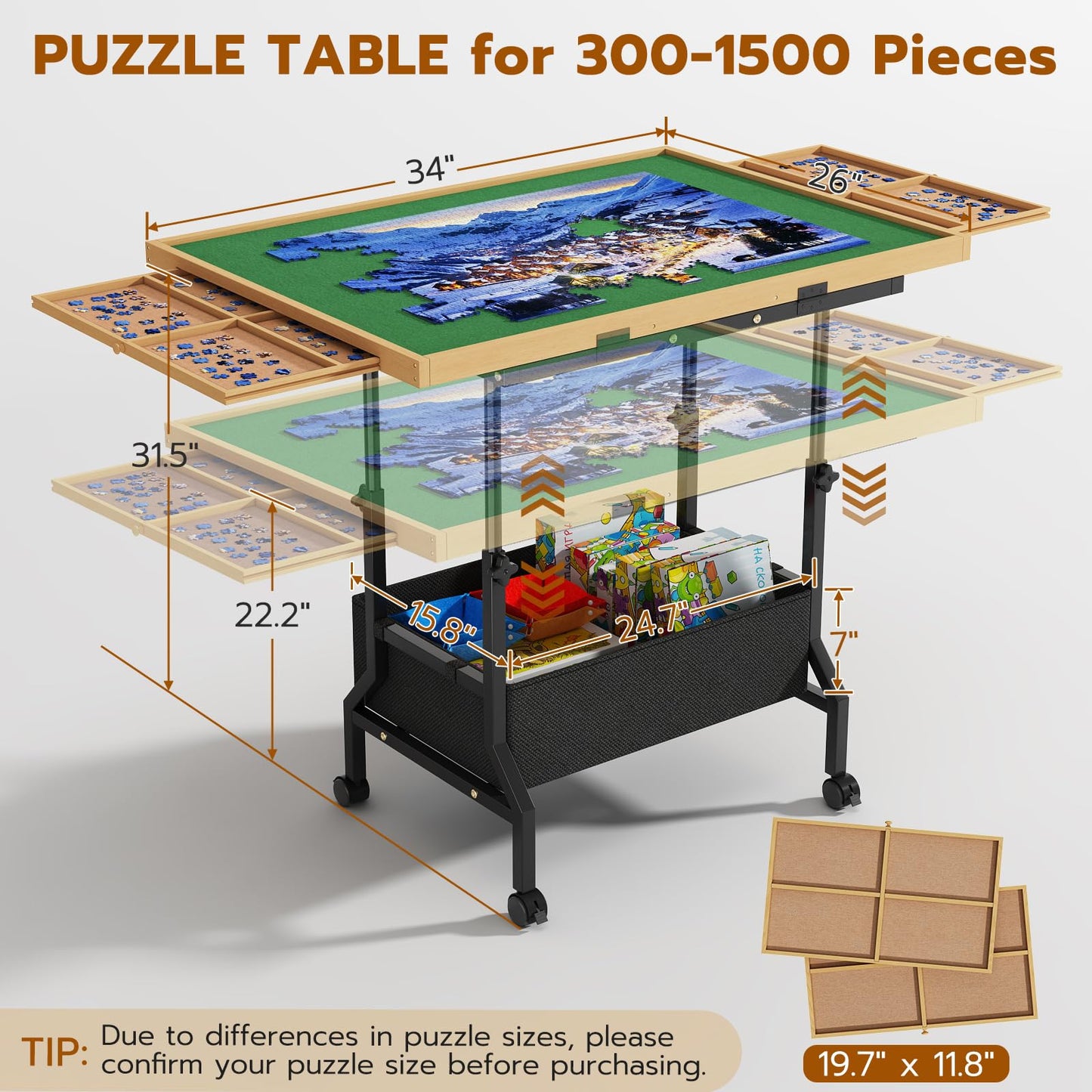 upvercy Large Puzzle Table with 2 Drawers – Adjustable Height & Tilt for 300-1500 Piece Puzzles