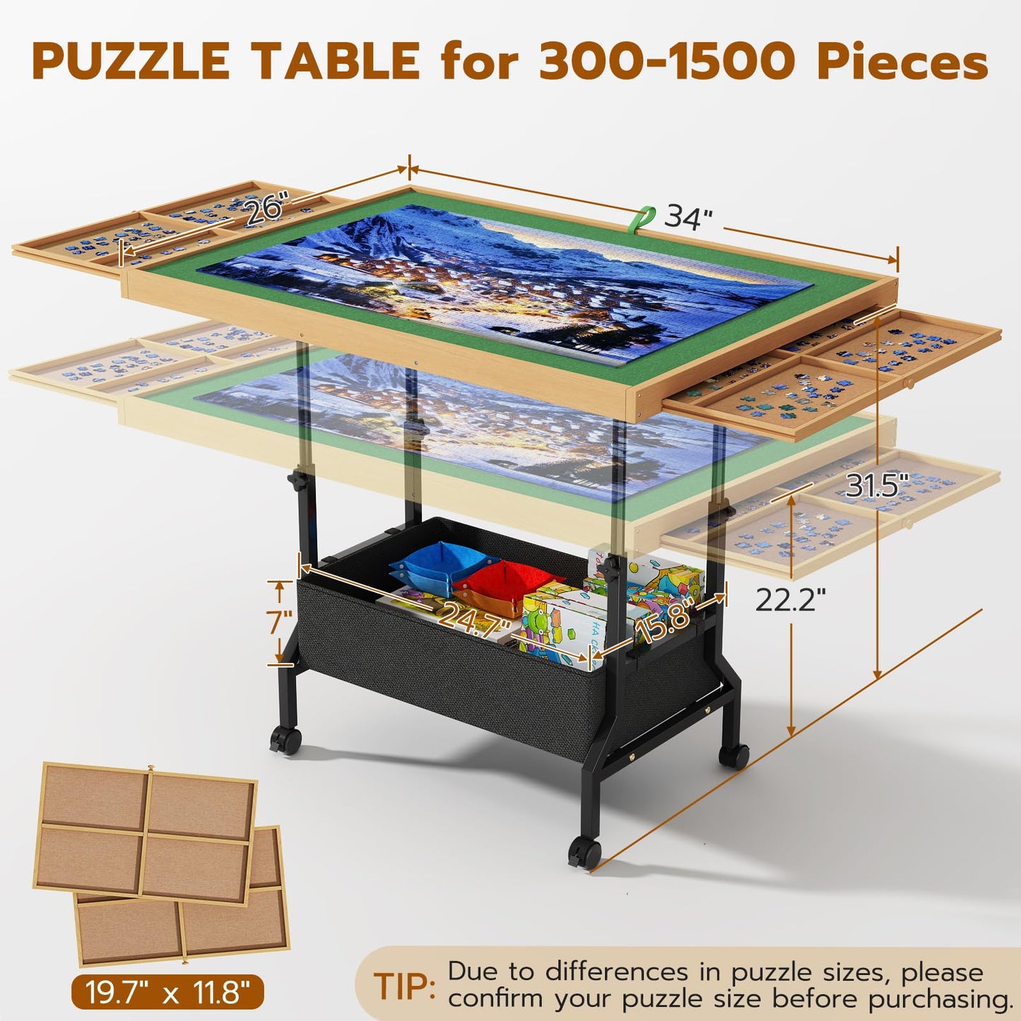 Upvercy 4-in-1 Adjustable Puzzle Table - Tilting, Rolling & Storage (34x26)