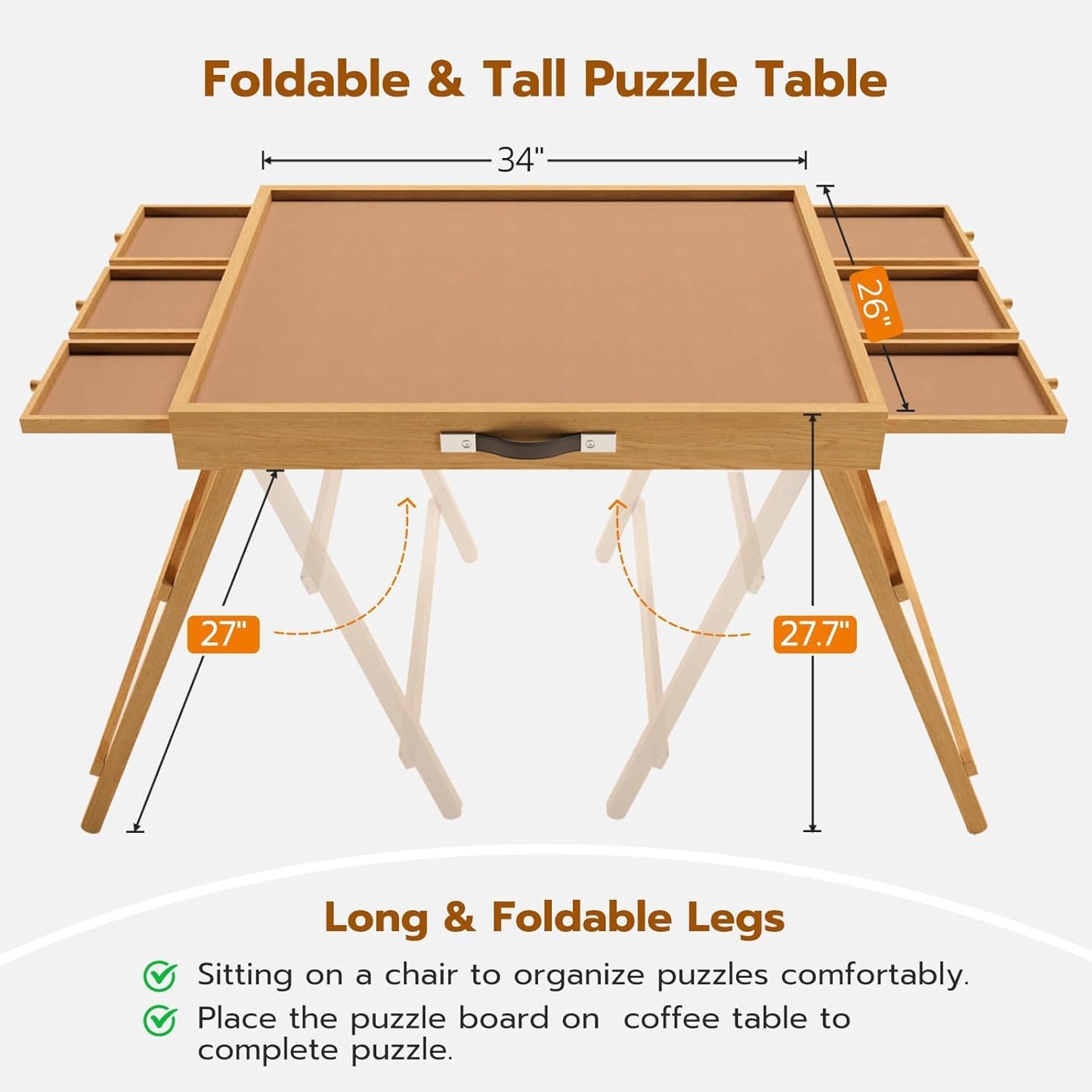 UPVERCY 27.7-Inch Tall Puzzle Table with 6 Drawers – 1500-Piece Board, Folding Legs & Protective Cover | 34 by 26-Inch Portable Table for Adults