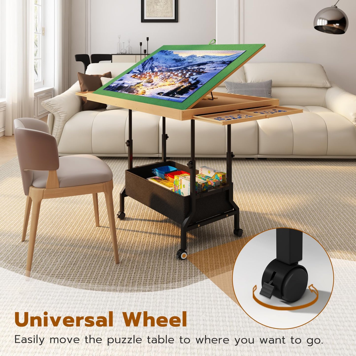 Upvercy 4-in-1 Adjustable Puzzle Table - Tilting, Rolling & Storage (34x26)