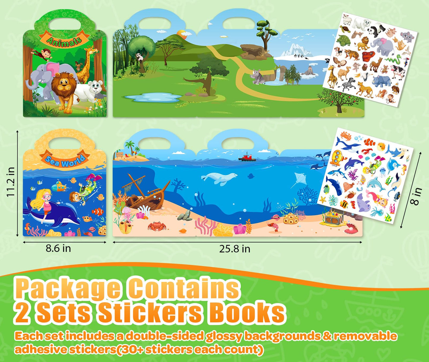 Uranus&No.1: 2 Sets Reusable Jelly Sticker Books for Toddlers 1–5 — Sea World & Animals