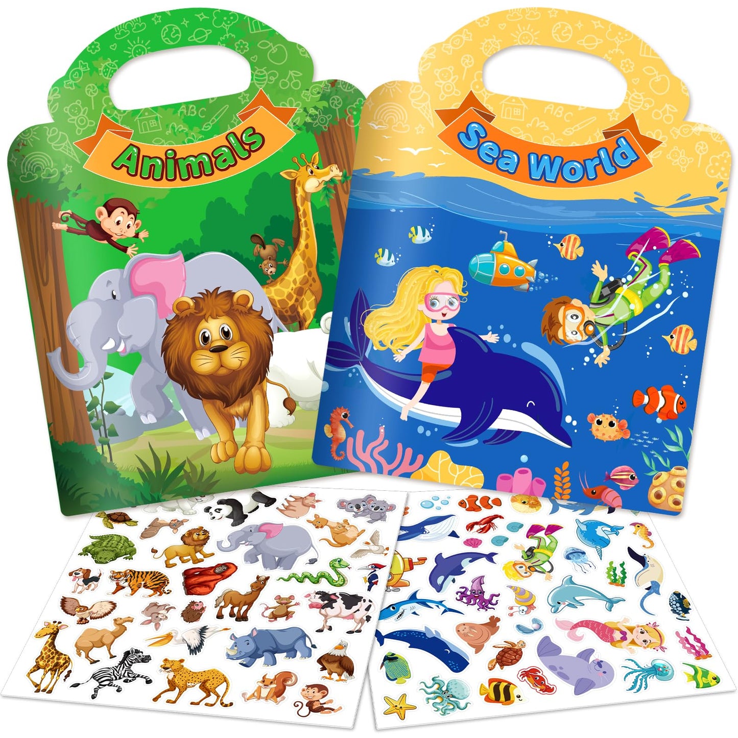 Uranus&No.1: 2 Sets Reusable Jelly Sticker Books for Toddlers 1–5 — Sea World & Animals