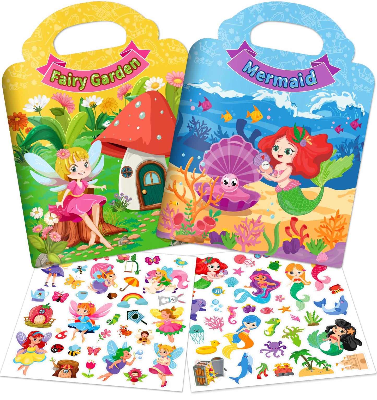 Uranusno1 | 2 Sets Reusable Sticker Books for Toddlers 1-3 – Mermaid & Fairy Tale