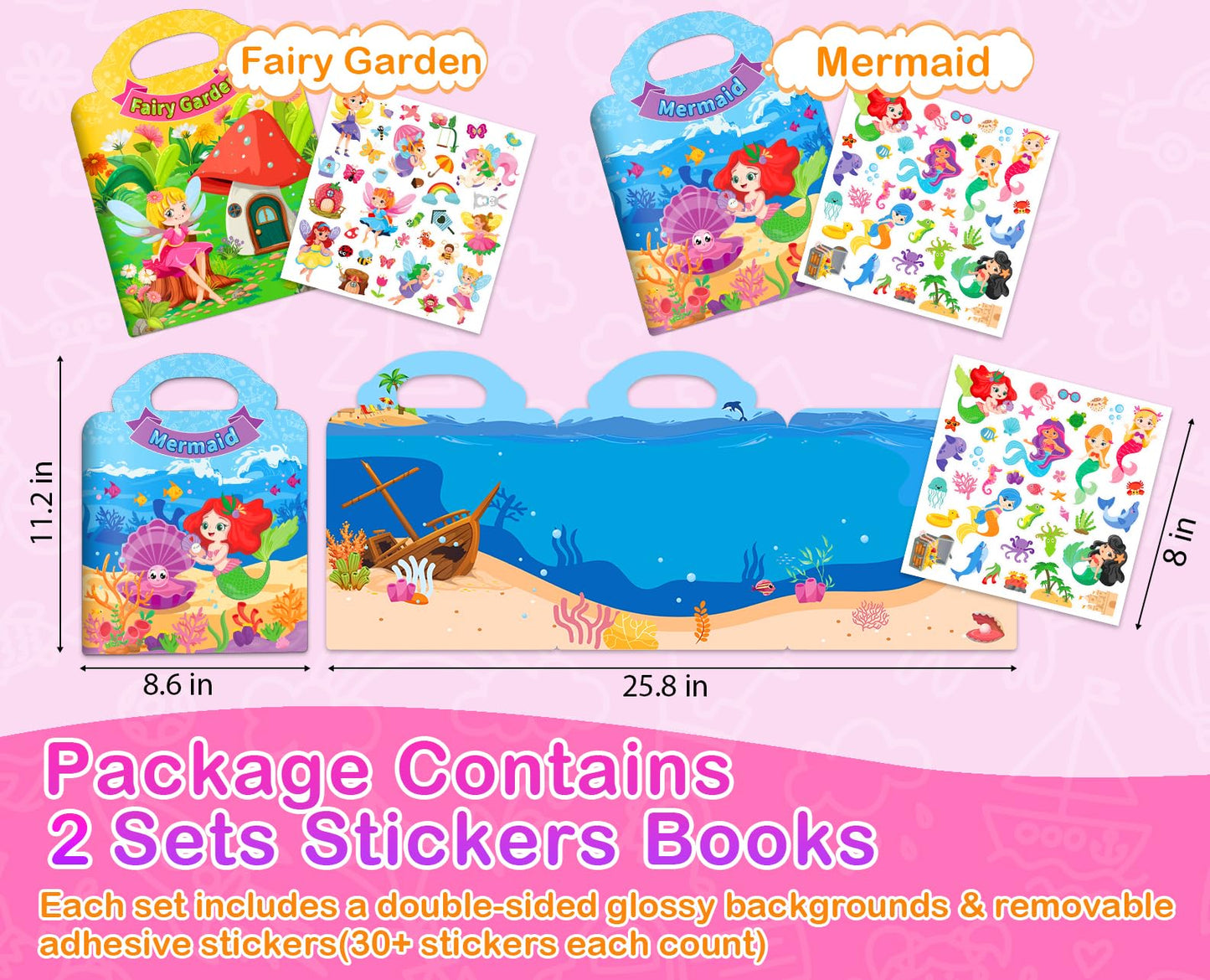 Uranusno1 | 2 Sets Reusable Sticker Books for Toddlers 1-3 – Mermaid & Fairy Tale