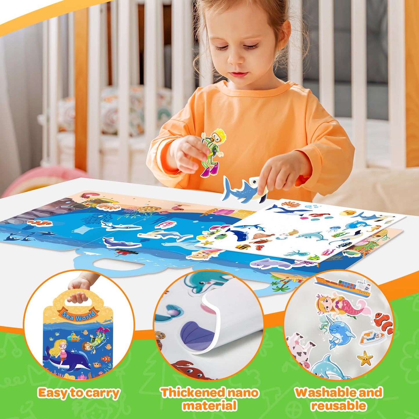 Uranus&No.1: 2 Sets Reusable Jelly Sticker Books for Toddlers 1–5 — Sea World & Animals