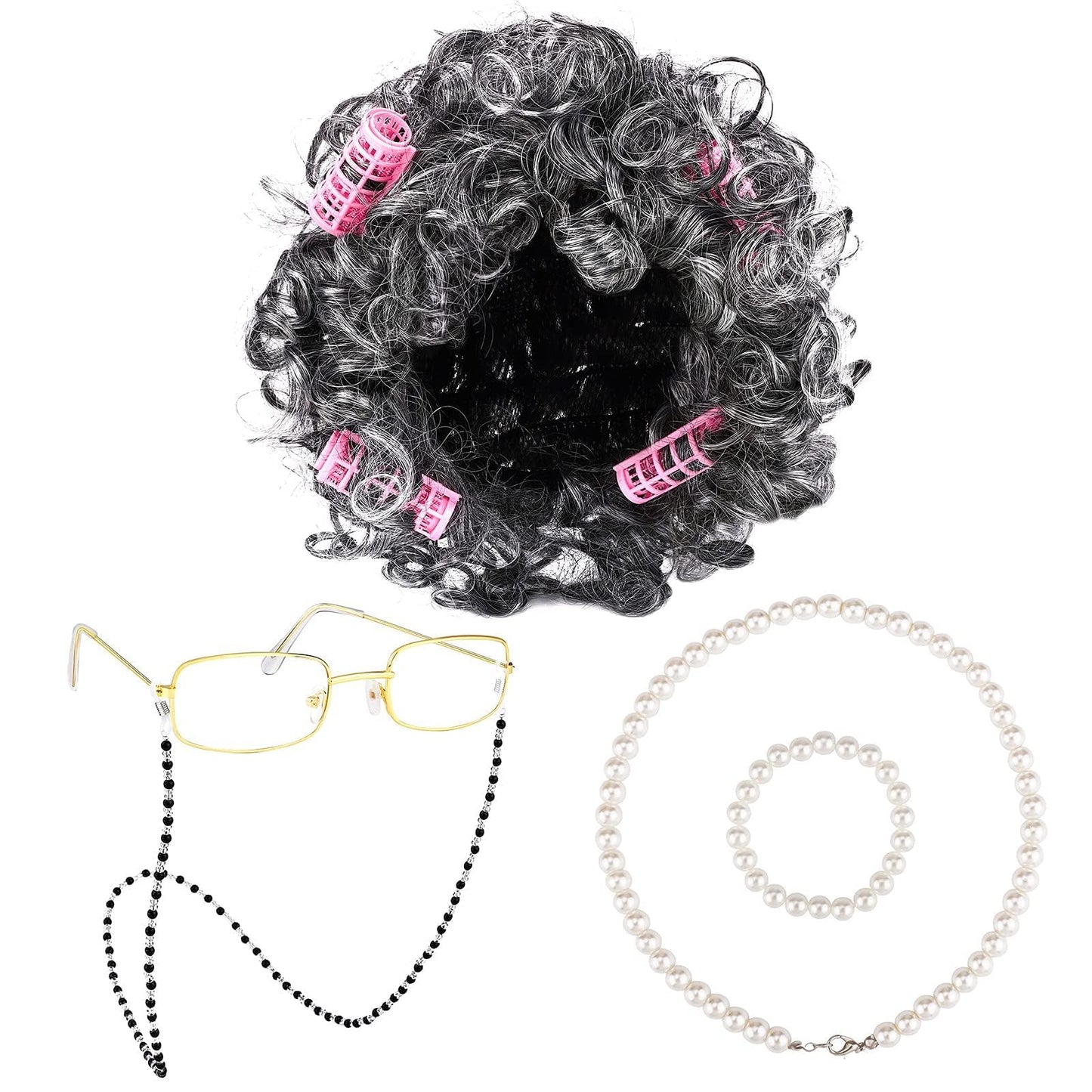 URATOT Old Lady Wig Costume Set – Glasses, Hair Rollers, Necklace & Bracelet for Halloween & School Events