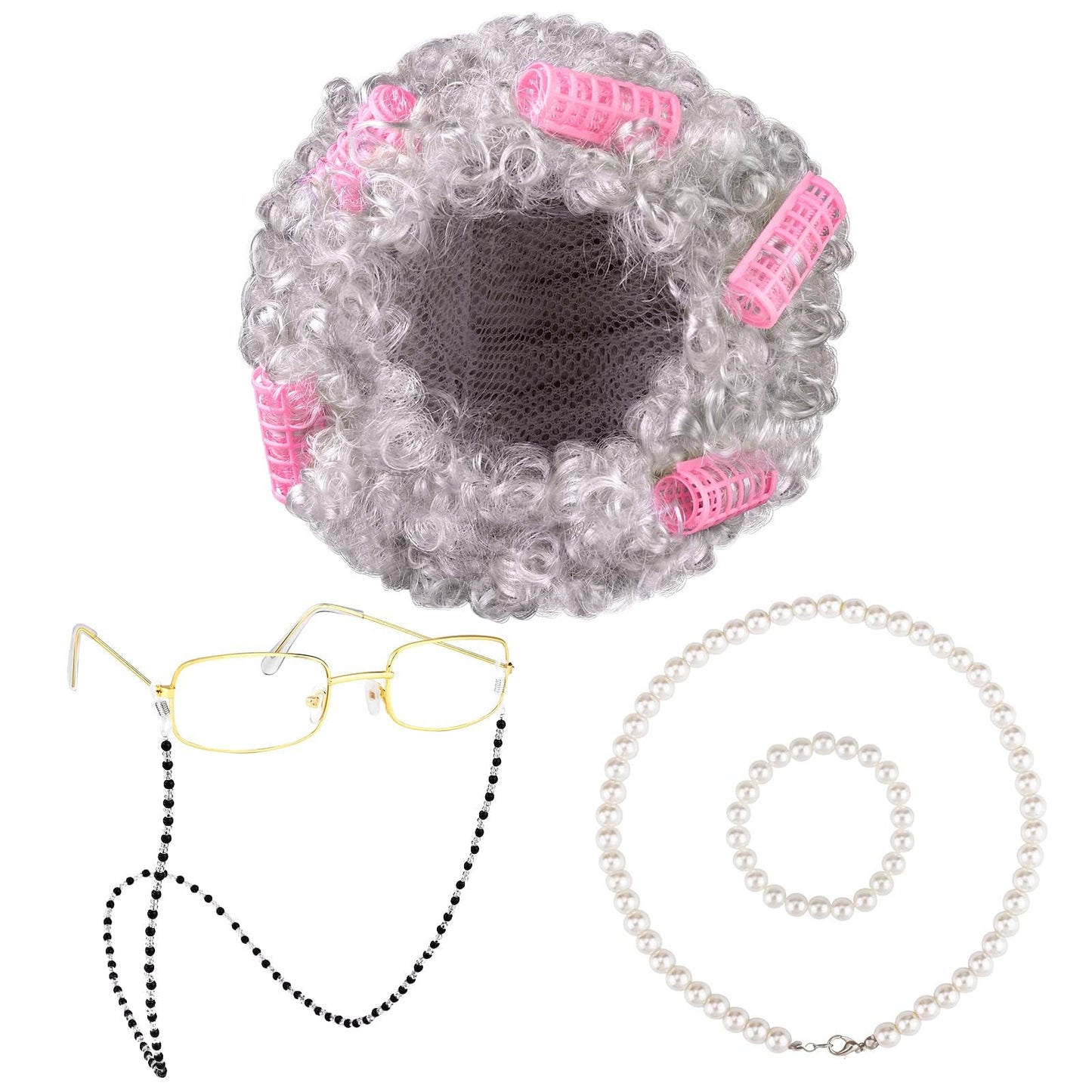 URATOT 5-Piece Old Lady Wig Costume Set for Halloween – Dark Gray Wig, Glasses & Accessories