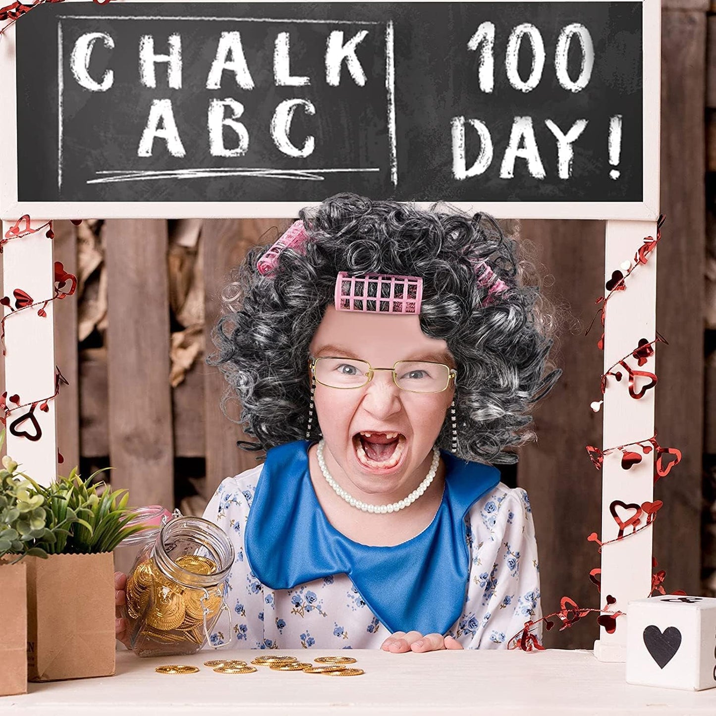 URATOT Old Lady Wig Costume Set – Glasses, Hair Rollers, Necklace & Bracelet for Halloween & School Events
