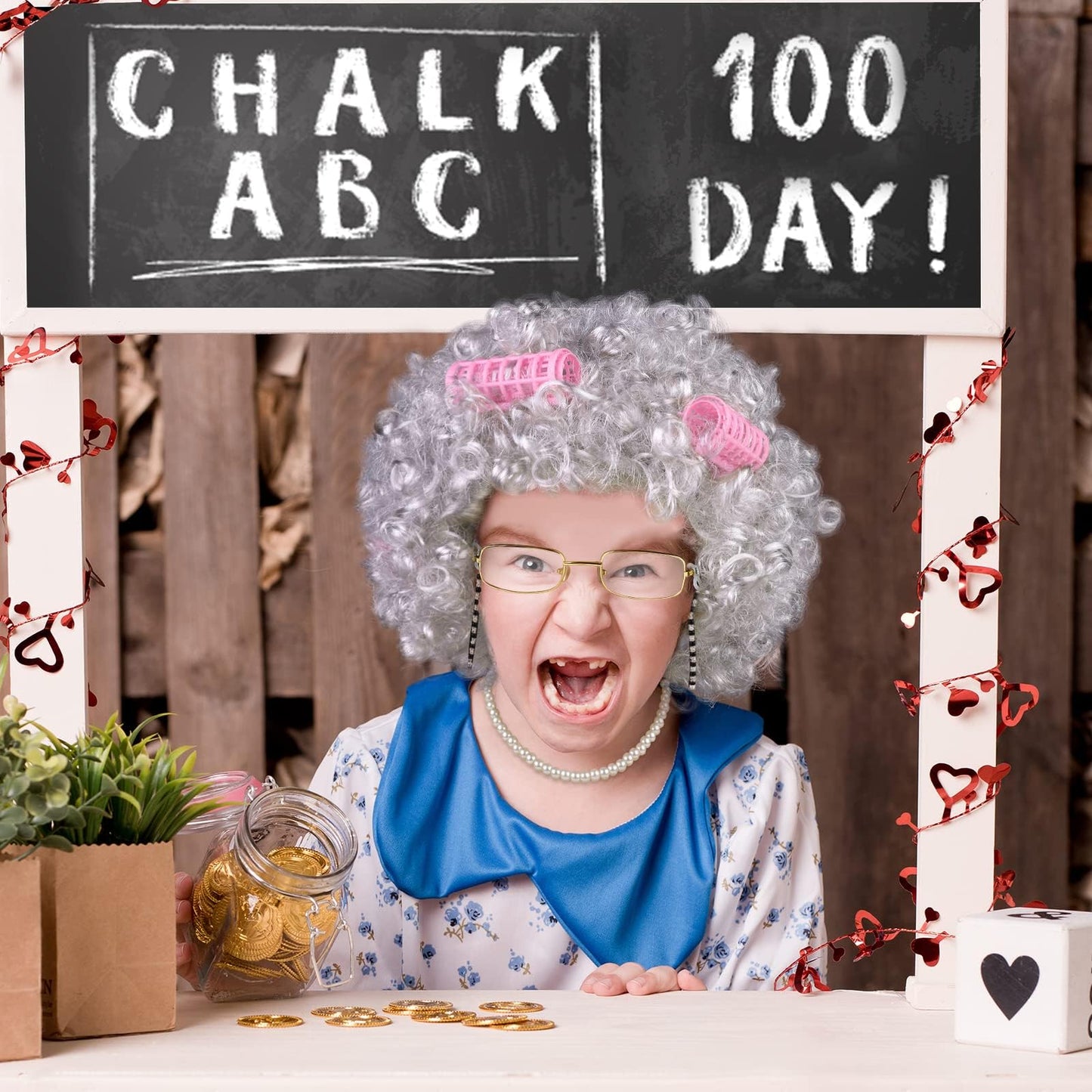URATOT 5-Piece Old Lady Wig Costume Set for Halloween – Dark Gray Wig, Glasses & Accessories