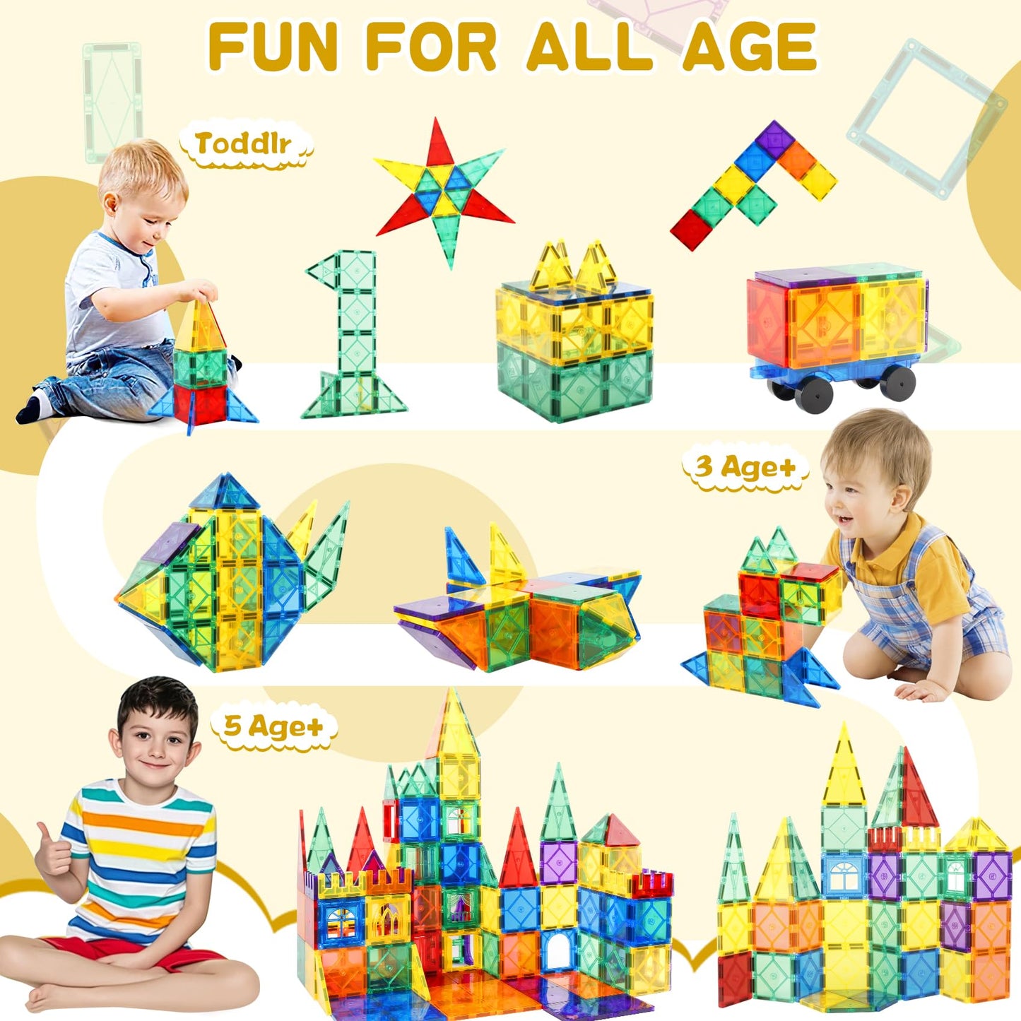URBAN TOYS Magnetic Tiles 104PCS with 2 Cars – Montessori STEM Blocks for Toddlers