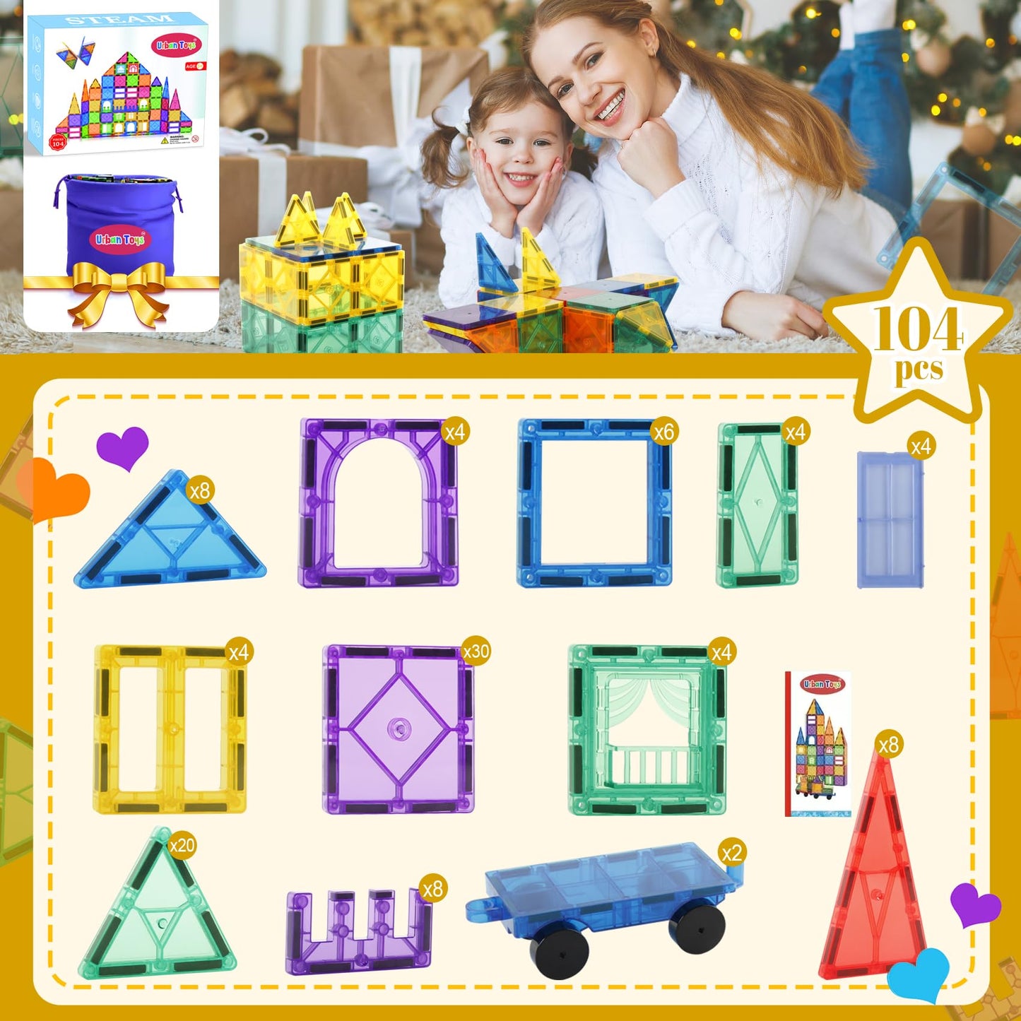 URBAN TOYS Magnetic Tiles 104PCS with 2 Cars – Montessori STEM Blocks for Toddlers