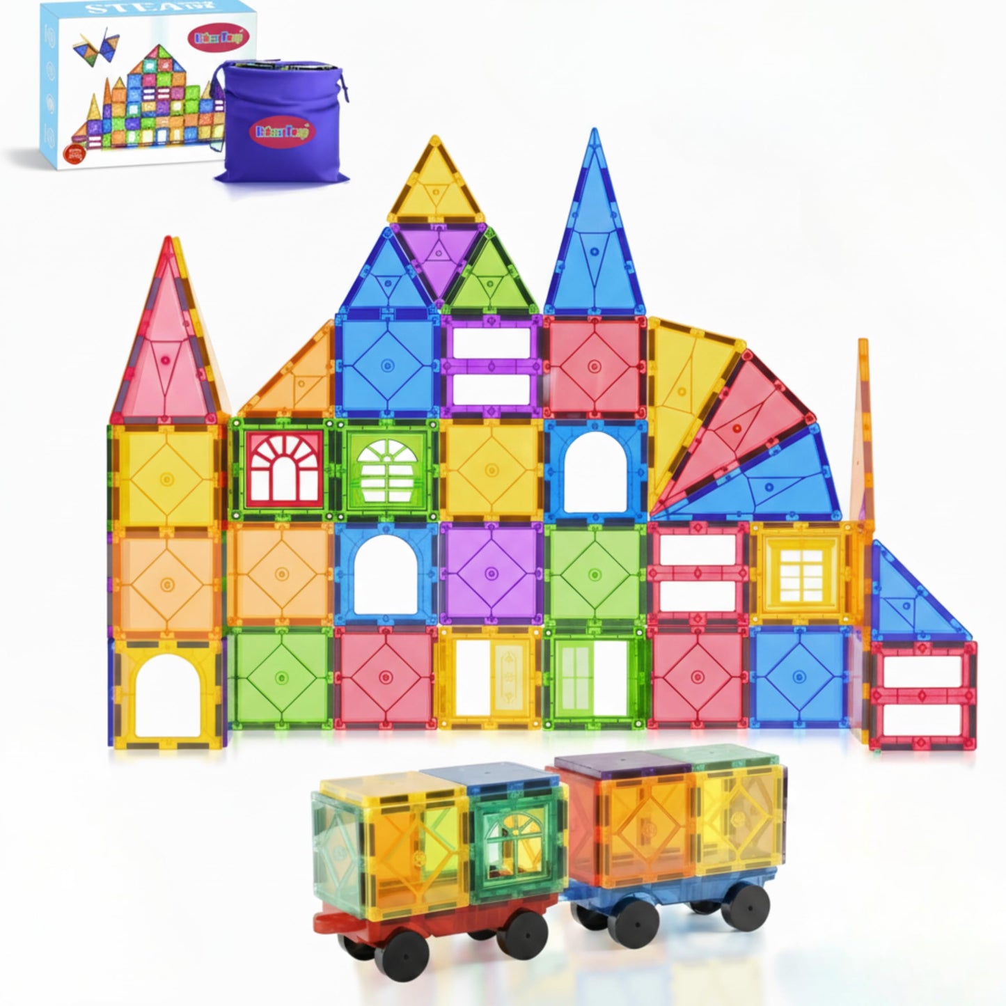 URBAN TOYS Magnetic Tiles 104PCS with 2 Cars – Montessori STEM Blocks for Toddlers