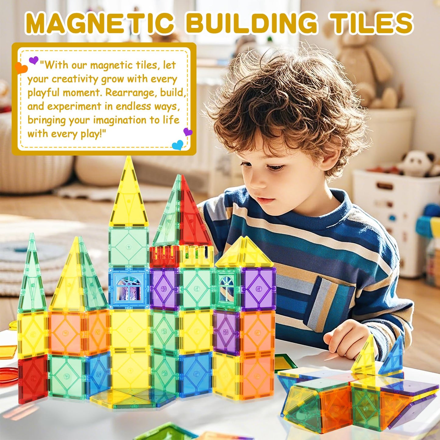 URBAN TOYS Magnetic Tiles 104PCS with 2 Cars – Montessori STEM Blocks for Toddlers
