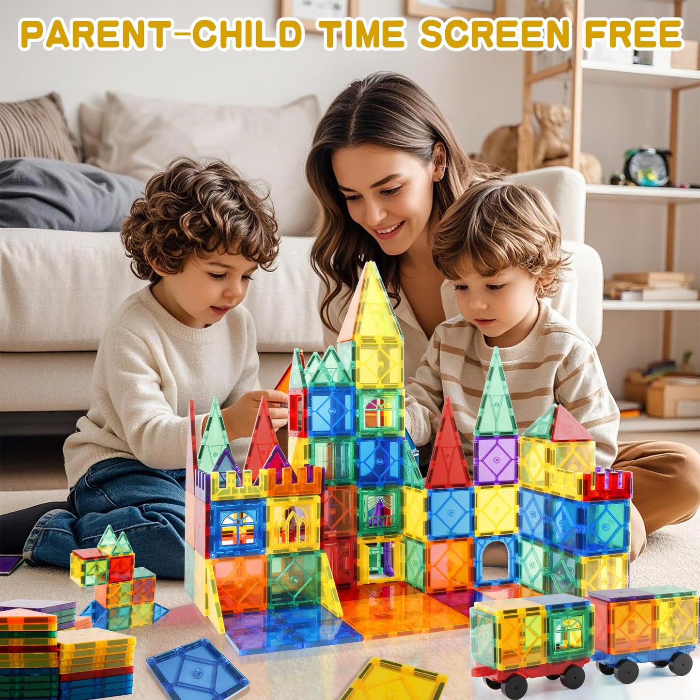 URBAN TOYS Magnetic Tiles 104PCS with 2 Cars – Montessori STEM Blocks for Toddlers