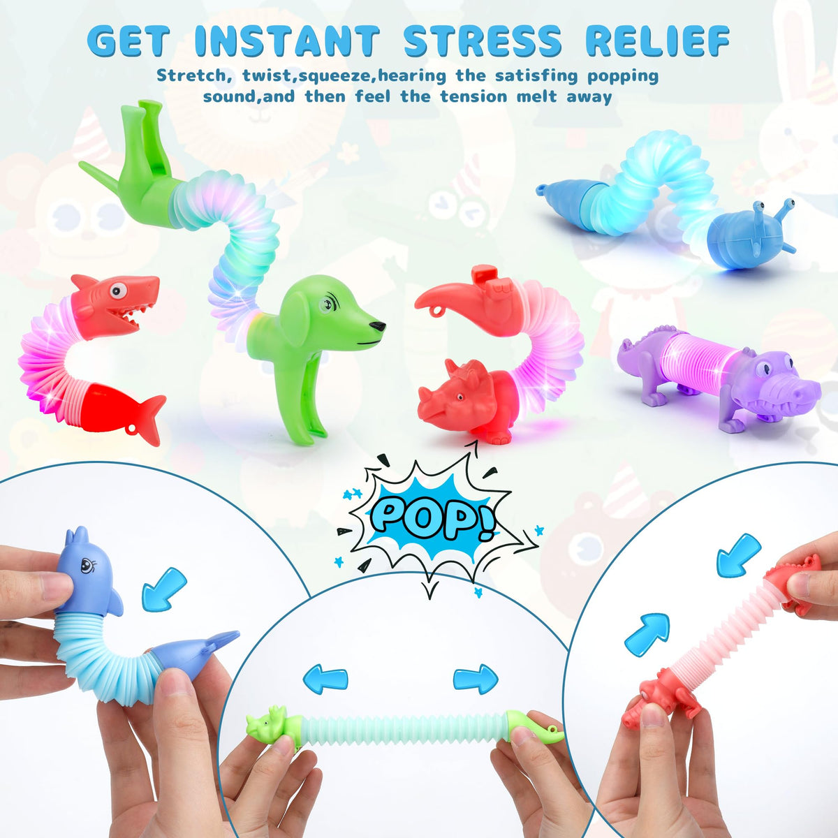 UrChoice Glow Pop 20-Pack LED Animal Tubes – Sensory Fidget Toys for Kids 3-8
