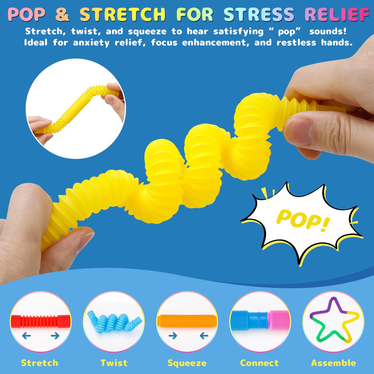 UrChoice Pop Tubes — 30-Pack Colorful Stretchy Fidget Toys for Kids & Adults