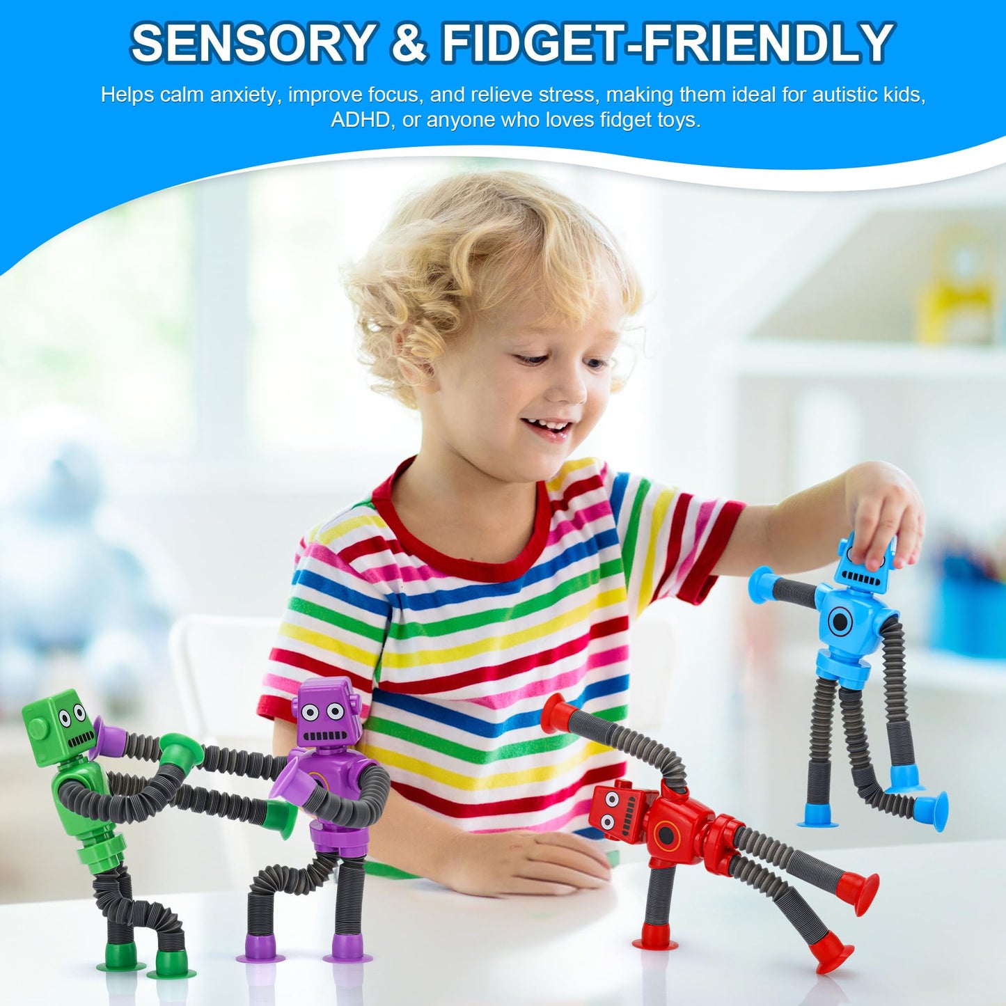 UrChoice Robot Suction Cup Pop Tubes – 12 Pcs Stretchy Fidget Toys for Kids 3+ | Travel & Party Favors