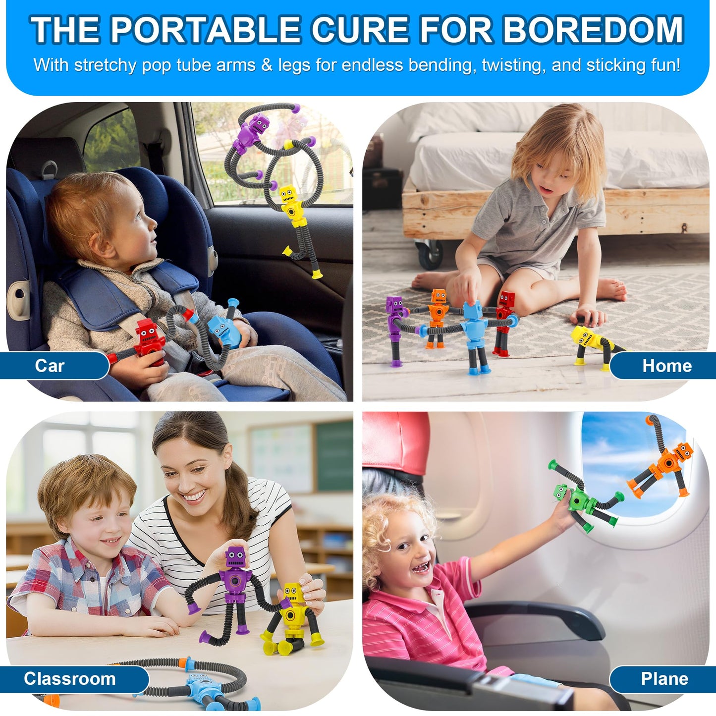 UrChoice Robot Suction Cup Pop Tubes – 12 Pcs Stretchy Fidget Toys for Kids 3+ | Travel & Party Favors