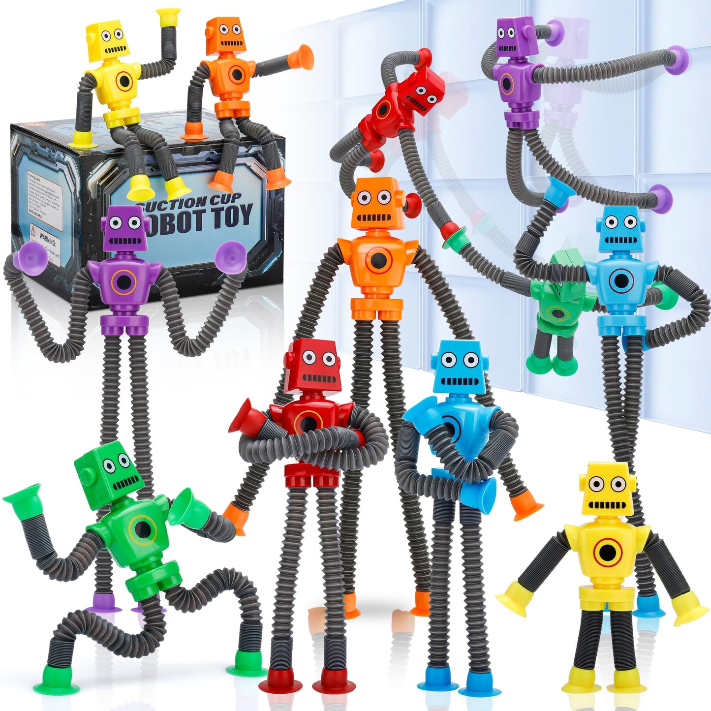 UrChoice Robot Suction Cup Pop Tubes – 12 Pcs Stretchy Fidget Toys for Kids 3+ | Travel & Party Favors