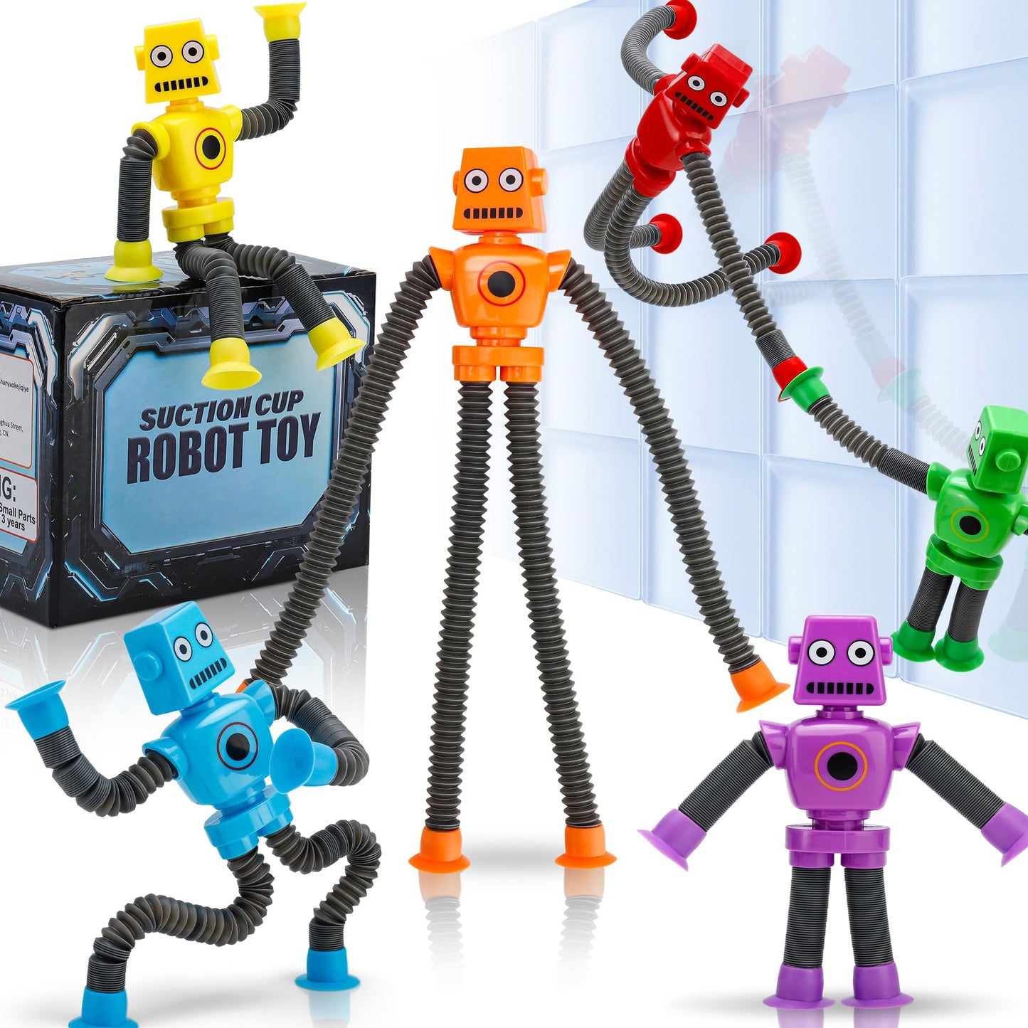 UrChoice Robot Suction Cup Toys Pop Tubes – 6-Piece Stretchy Sensory Fidget Set for Kids