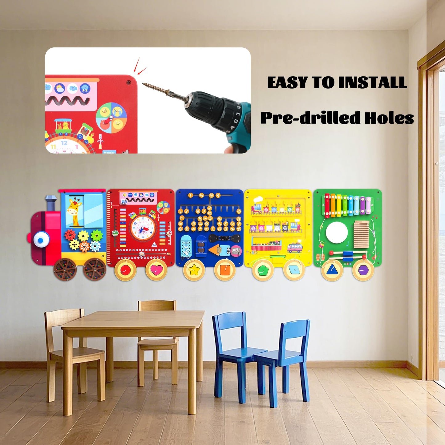 UREDISO Train Activity Wall Busy Board – Wooden Montessori Sensory Panel for Kids 3+