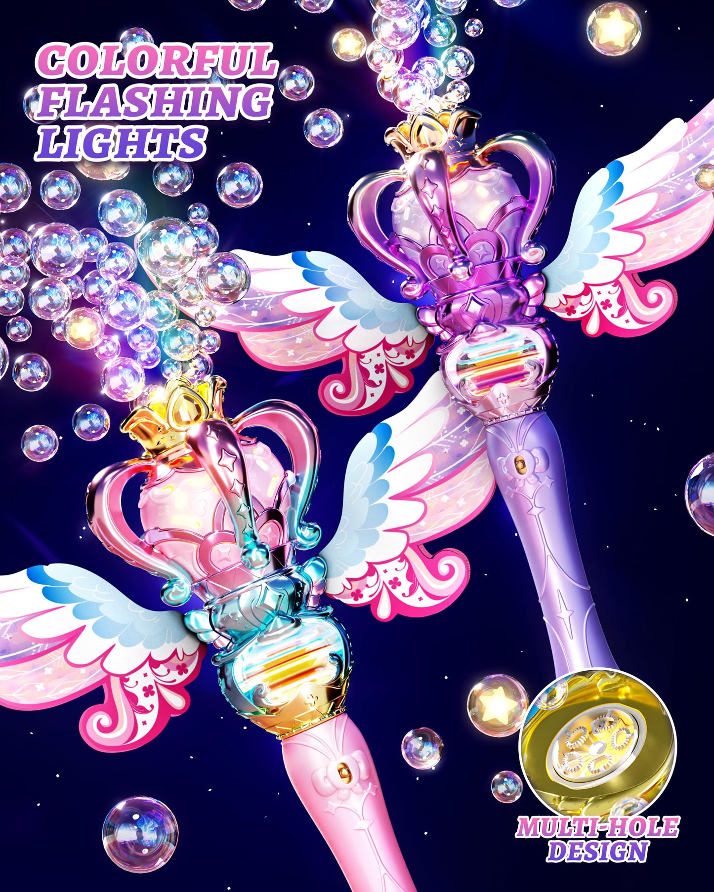 Uregoio 2 Pack Princess Bubble Wands Machine – Outdoor & Indoor Bubble Maker for Kids 4-8, Rechargeable Lights & Music (Pink & Purple)