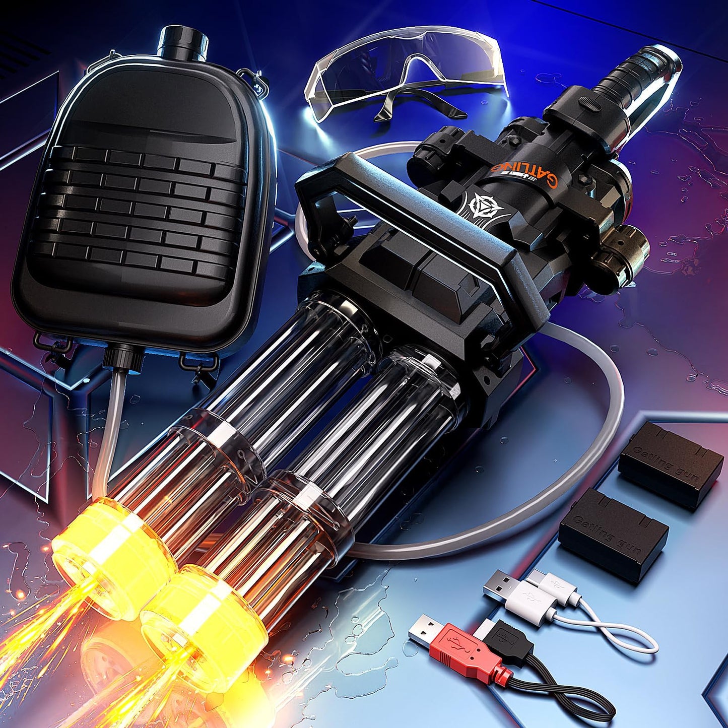 Uregoio Gatling Electric Water Gun – Double Barrel, LED Light, 3000ML Backpack, 2 Batteries