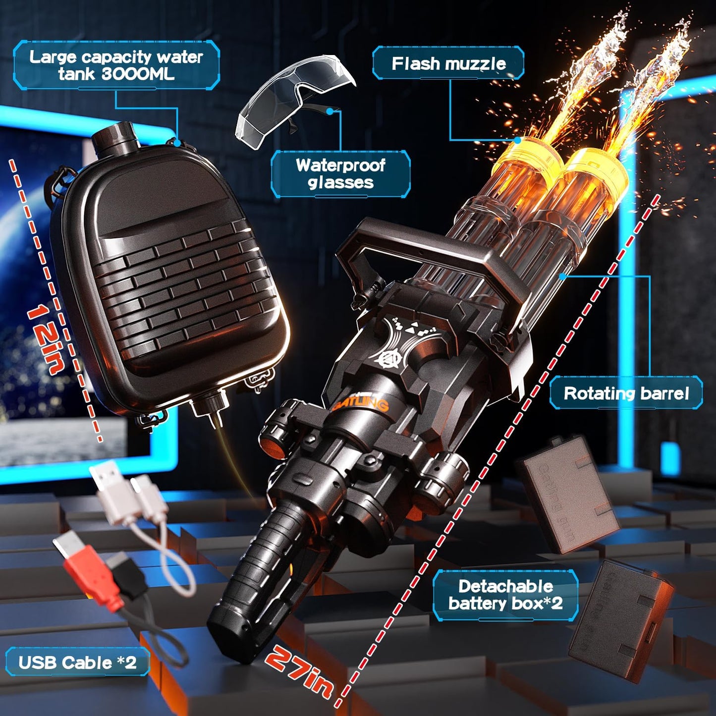 Uregoio Gatling Electric Water Gun – Double Barrel, LED Light, 3000ML Backpack, 2 Batteries