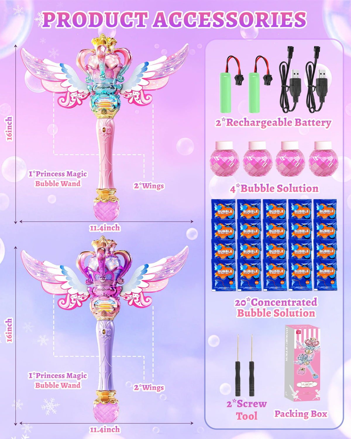 Uregoio 2 Pack Princess Bubble Wands Machine – Outdoor & Indoor Bubble Maker for Kids 4-8, Rechargeable Lights & Music (Pink & Purple)