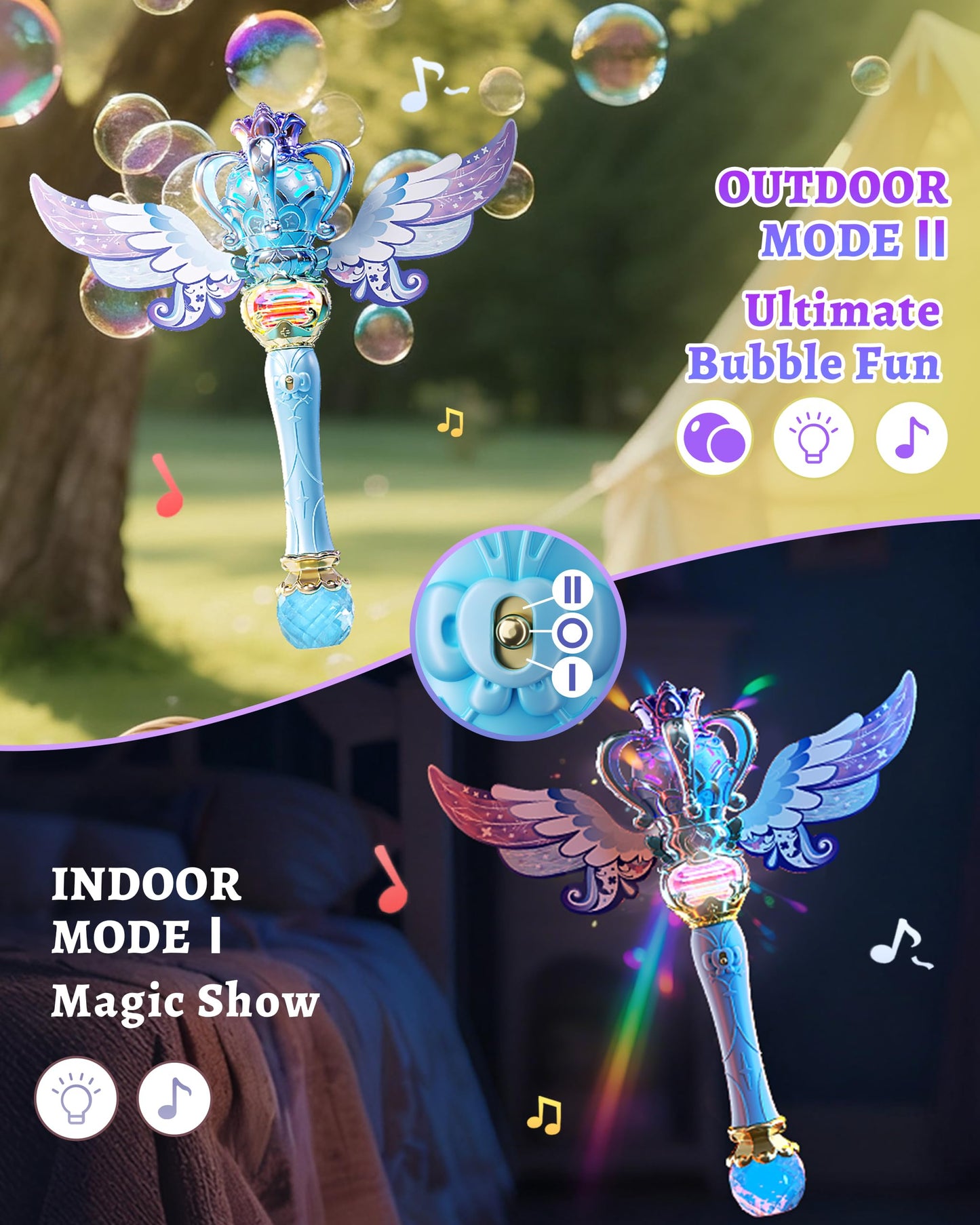 Uregoio Princess Bubble Wands Machine for Kids – Outdoor Bubble Maker with Rotating Design, Rechargeable, Light Up & Music (Blue)