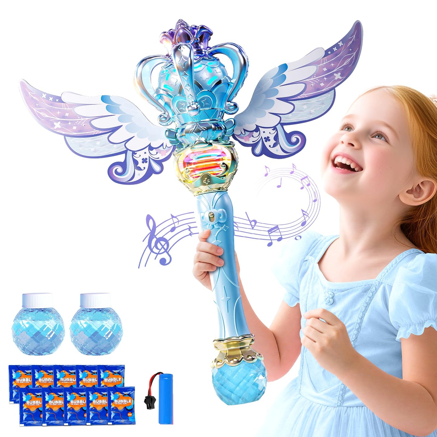 Uregoio Princess Bubble Wands Machine for Kids – Outdoor Bubble Maker with Rotating Design, Rechargeable, Light Up & Music (Blue)