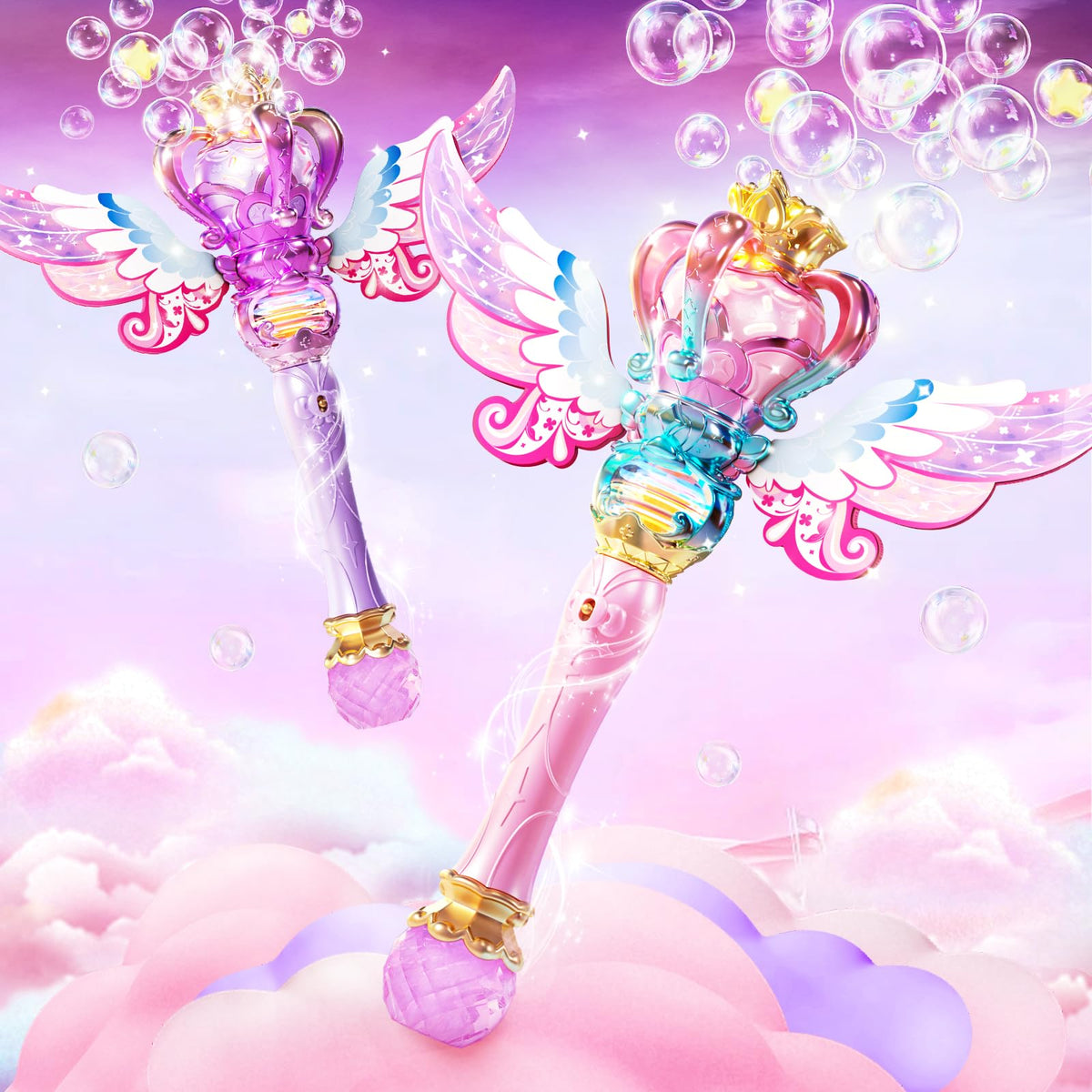 Uregoio 2 Pack Princess Bubble Wands Machine – Outdoor & Indoor Bubble Maker for Kids 4-8, Rechargeable Lights & Music (Pink & Purple)